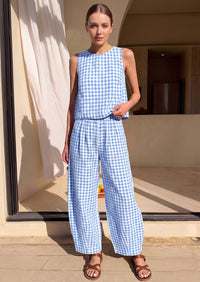 PRETTYGARDEN Womens 2 Piece Sets Summer Plaid Sleeveless Tops Wide Leg Pants Matching Lounge Set Beach Vacation Outfits