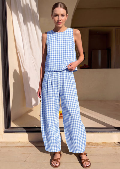 PRETTYGARDEN Womens 2 Piece Sets Summer Plaid Sleeveless Tops Wide Leg Pants Matching Lounge Set Beach Vacation Outfits