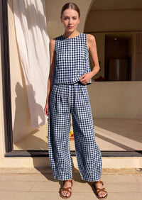 PRETTYGARDEN Womens 2 Piece Sets Summer Plaid Sleeveless Tops Wide Leg Pants Matching Lounge Set Beach Vacation Outfits