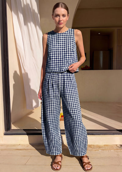 PRETTYGARDEN Womens 2 Piece Sets Summer Plaid Sleeveless Tops Wide Leg Pants Matching Lounge Set Beach Vacation Outfits