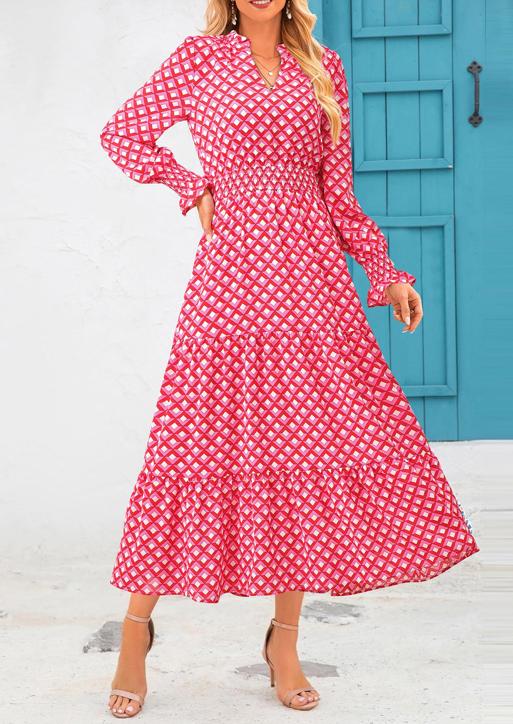 PRETTYGARDEN Women's Floral Maxi Dress Spring Long Sleeve V Neck Casual A Line Long Flowy Boho Party Dresses