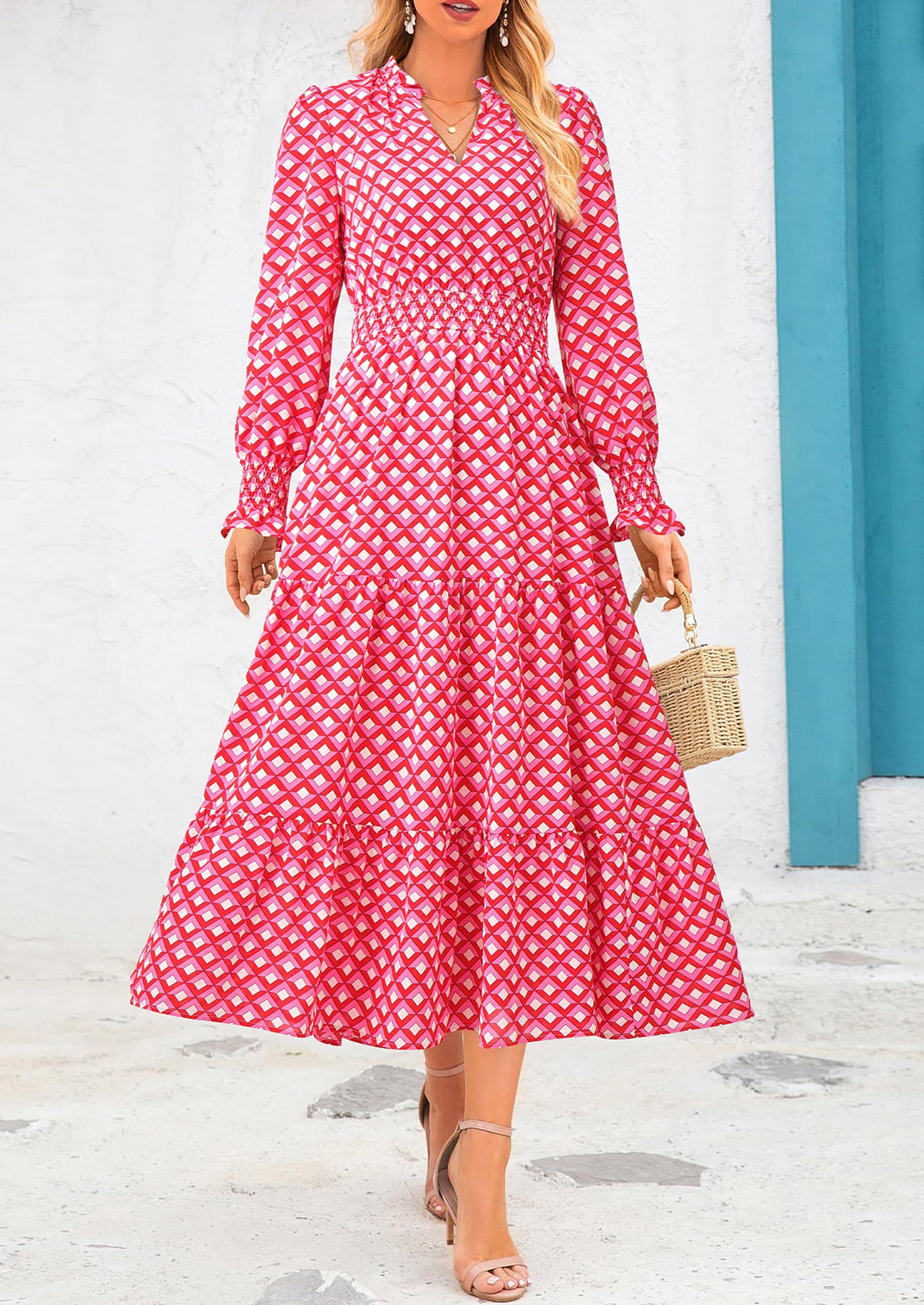 PRETTYGARDEN Women's Floral Maxi Dress Spring Long Sleeve V Neck Casual A Line Long Flowy Boho Party Dresses