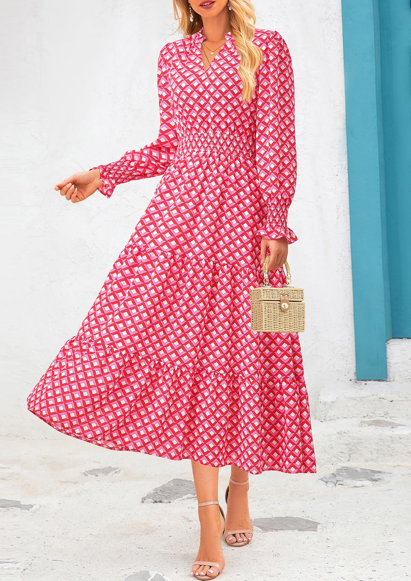 PRETTYGARDEN Women's Floral Maxi Dress Spring Long Sleeve V Neck Casual A Line Long Flowy Boho Party Dresses