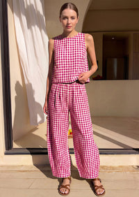 PRETTYGARDEN Womens 2 Piece Sets Summer Plaid Sleeveless Tops Wide Leg Pants Matching Lounge Set Beach Vacation Outfits