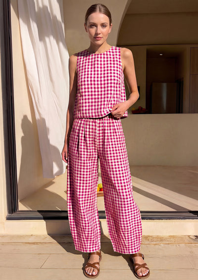 PRETTYGARDEN Womens 2 Piece Sets Summer Plaid Sleeveless Tops Wide Leg Pants Matching Lounge Set Beach Vacation Outfits