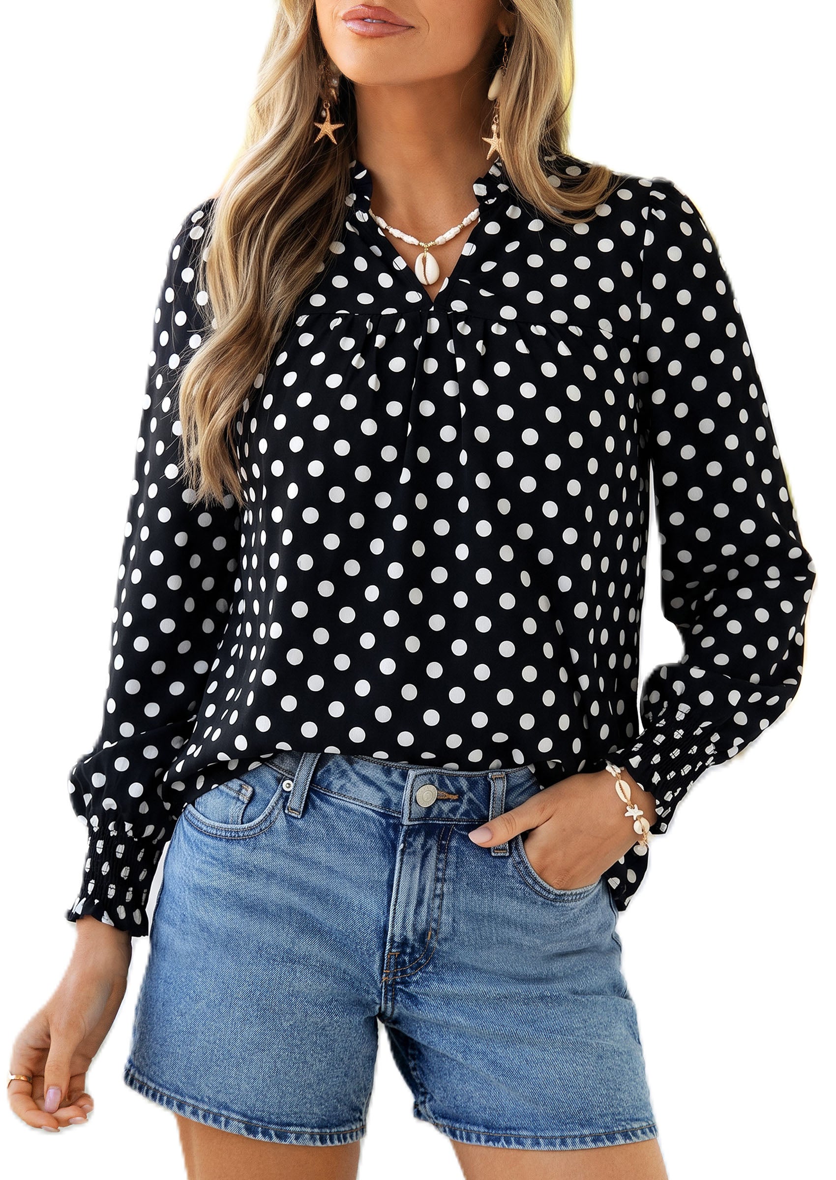 PRETTYGARDEN Women's Boho Floral Blouses Dressy Casual | Trendy Printed, Long Sleeve V Neck Tops, Bohemian Polka Dot Striped Shirt, Going Out Vacation Outfits, Fall Fashion Clothing
