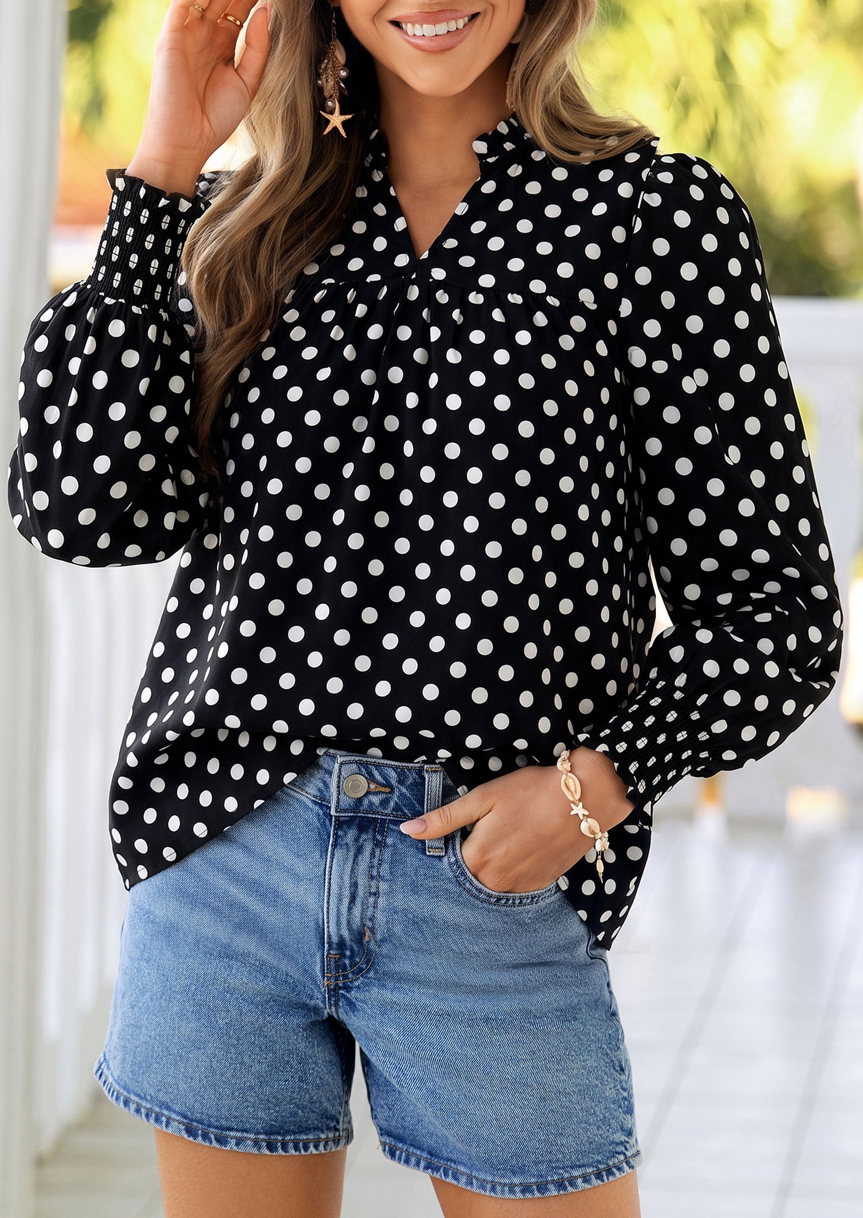PRETTYGARDEN Women's Boho Floral Blouses Dressy Casual | Trendy Printed, Long Sleeve V Neck Tops, Bohemian Polka Dot Striped Shirt, Going Out Vacation Outfits, Fall Fashion Clothing