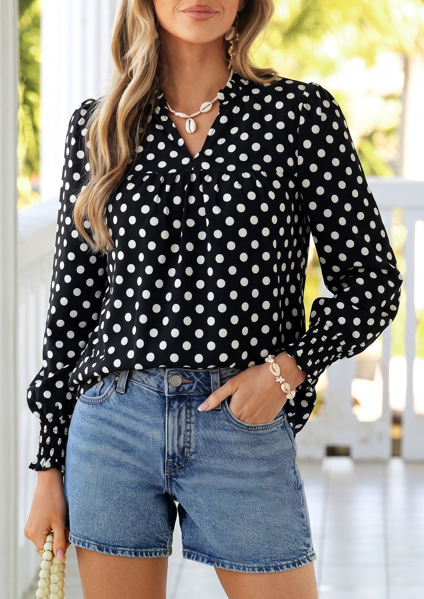 PRETTYGARDEN Women's Boho Floral Blouses Dressy Casual | Trendy Printed, Long Sleeve V Neck Tops, Bohemian Polka Dot Striped Shirt, Going Out Vacation Outfits, Fall Fashion Clothing