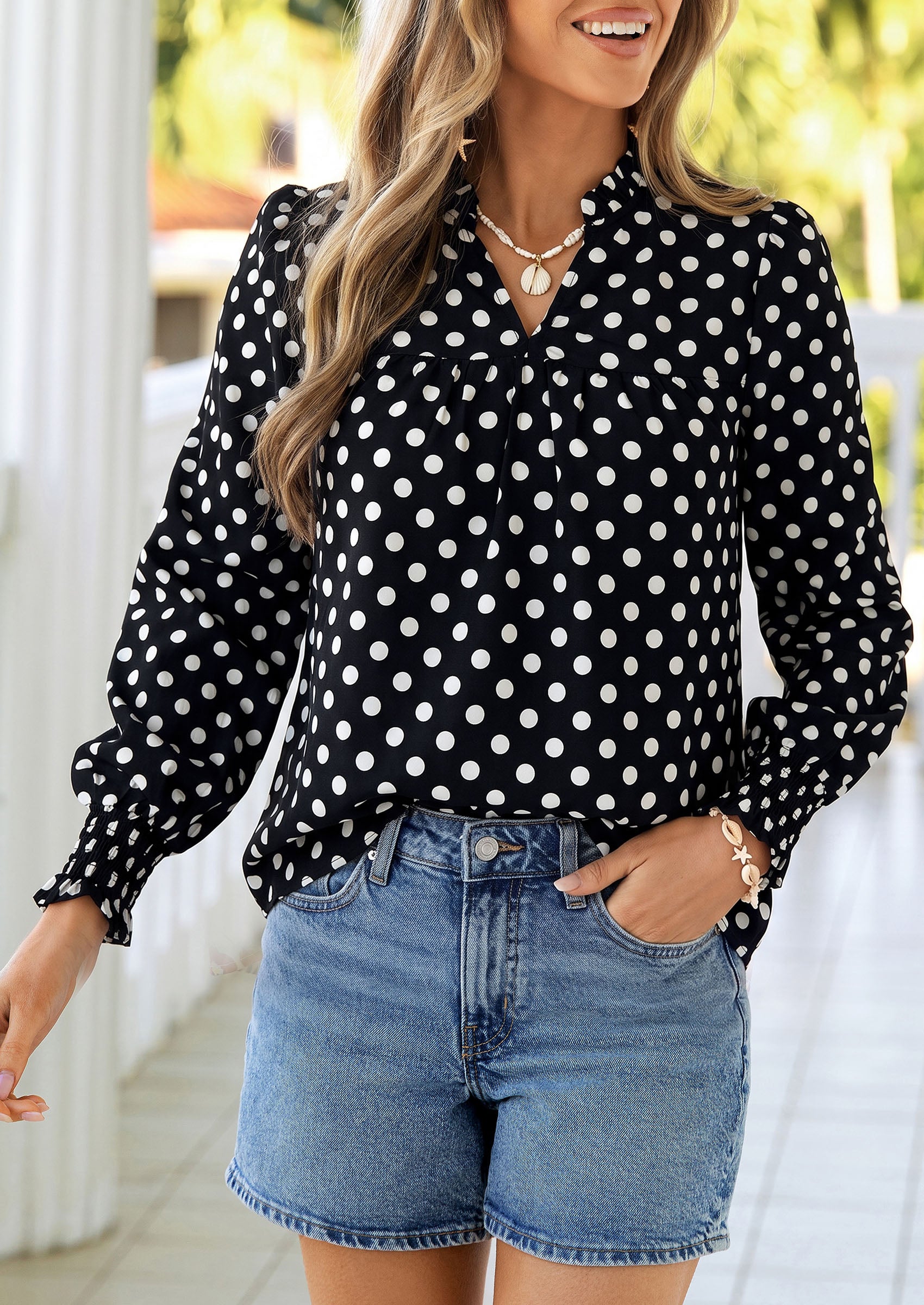 PRETTYGARDEN Women's Boho Floral Blouses Dressy Casual | Trendy Printed, Long Sleeve V Neck Tops, Bohemian Polka Dot Striped Shirt, Going Out Vacation Outfits, Fall Fashion Clothing