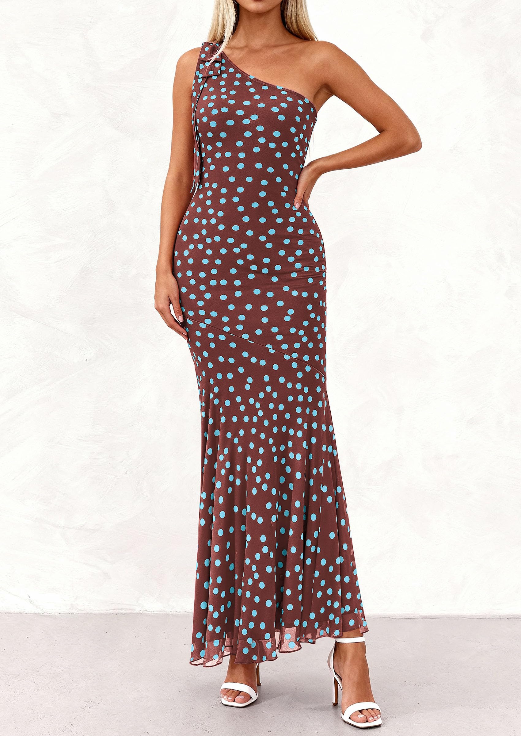 PRETTYGARDEN Womens Summer One Shoulder Maxi Dress Floral Sleeveless Bodycon Mesh Long Formal Wedding Guest Dresses PRETTYGARDEN