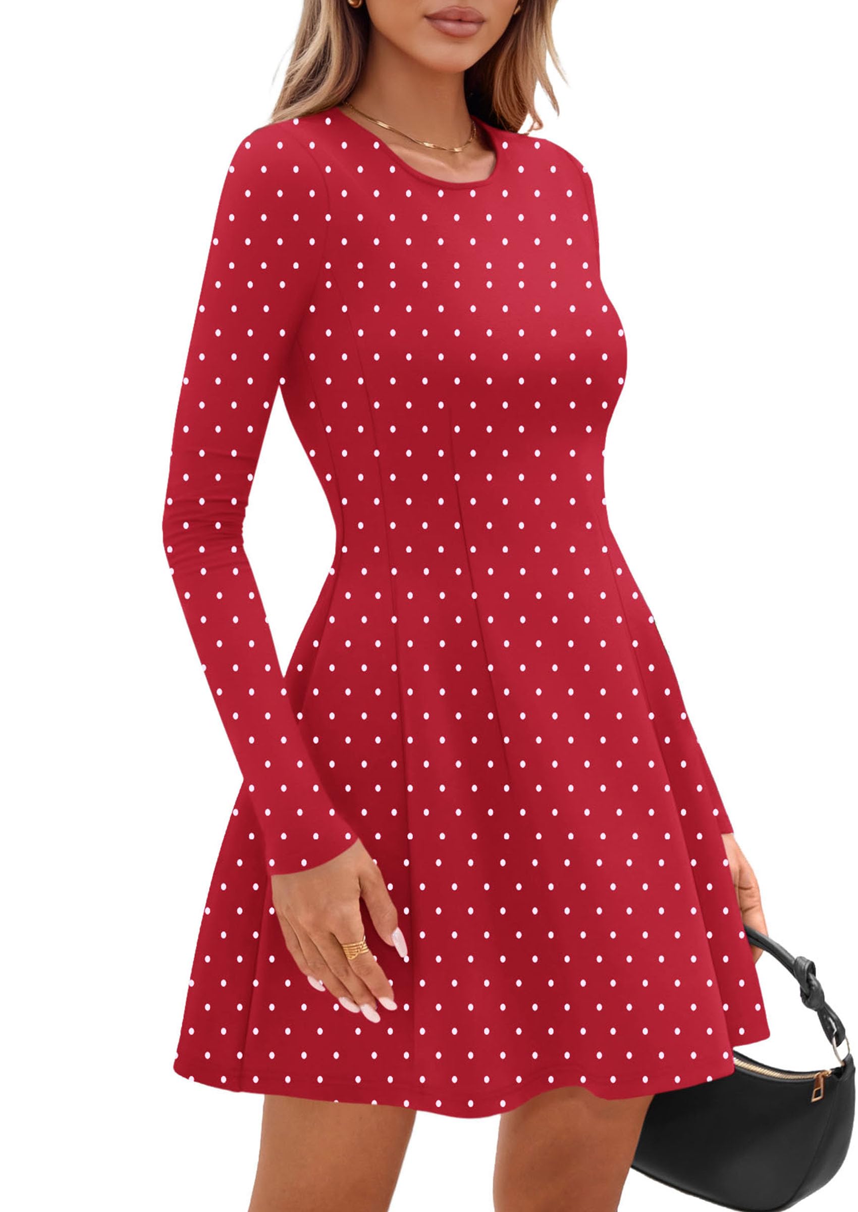 PRETTYGARDEN Long Sleeve Mini Dress for Women Fall Crewneck Knit Pleated Babydoll A Line Soft Casual Short Party Dresses PRETTYGARDEN