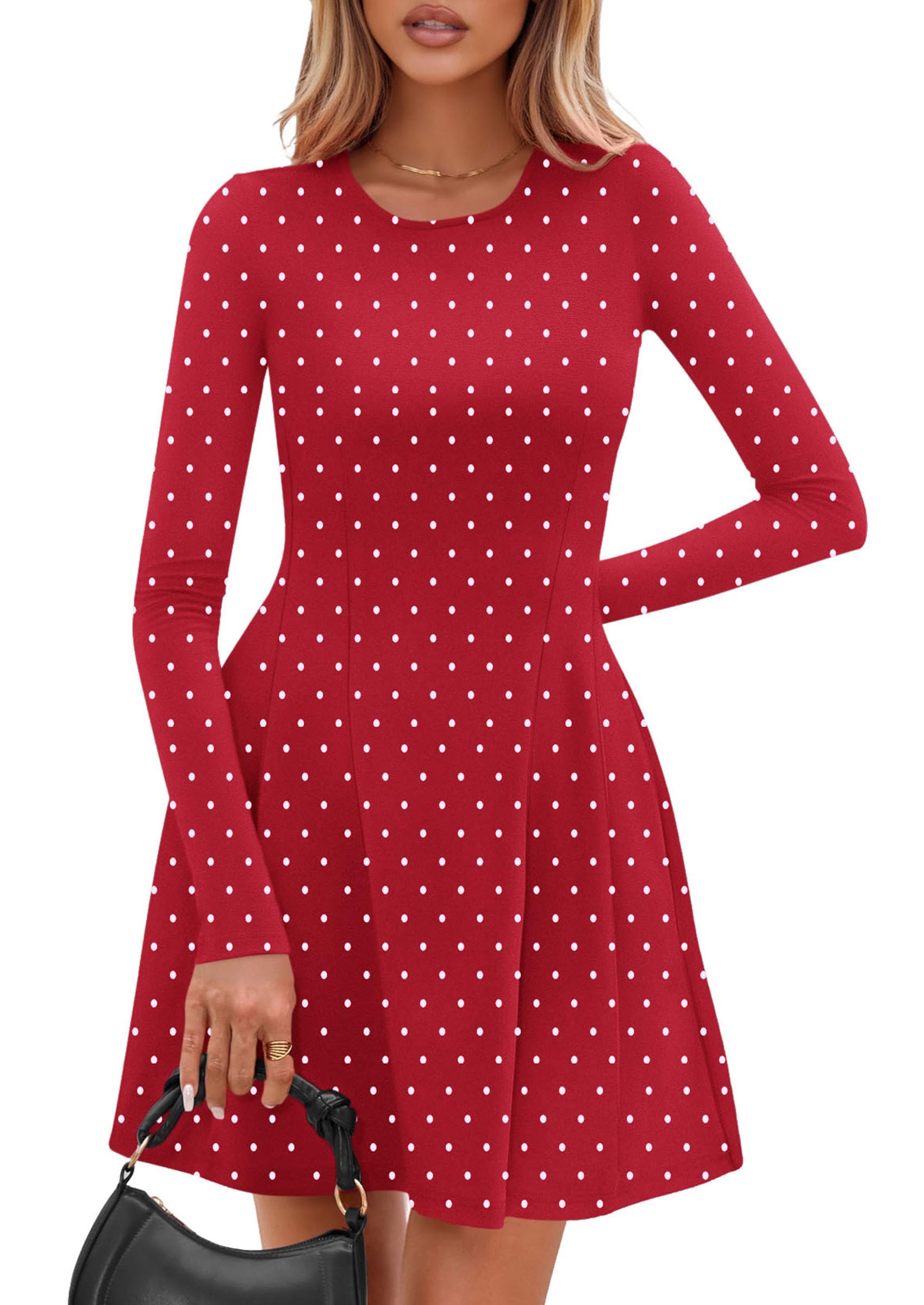 PRETTYGARDEN Long Sleeve Mini Dress for Women Fall Crewneck Knit Pleated Babydoll A Line Soft Casual Short Party Dresses PRETTYGARDEN