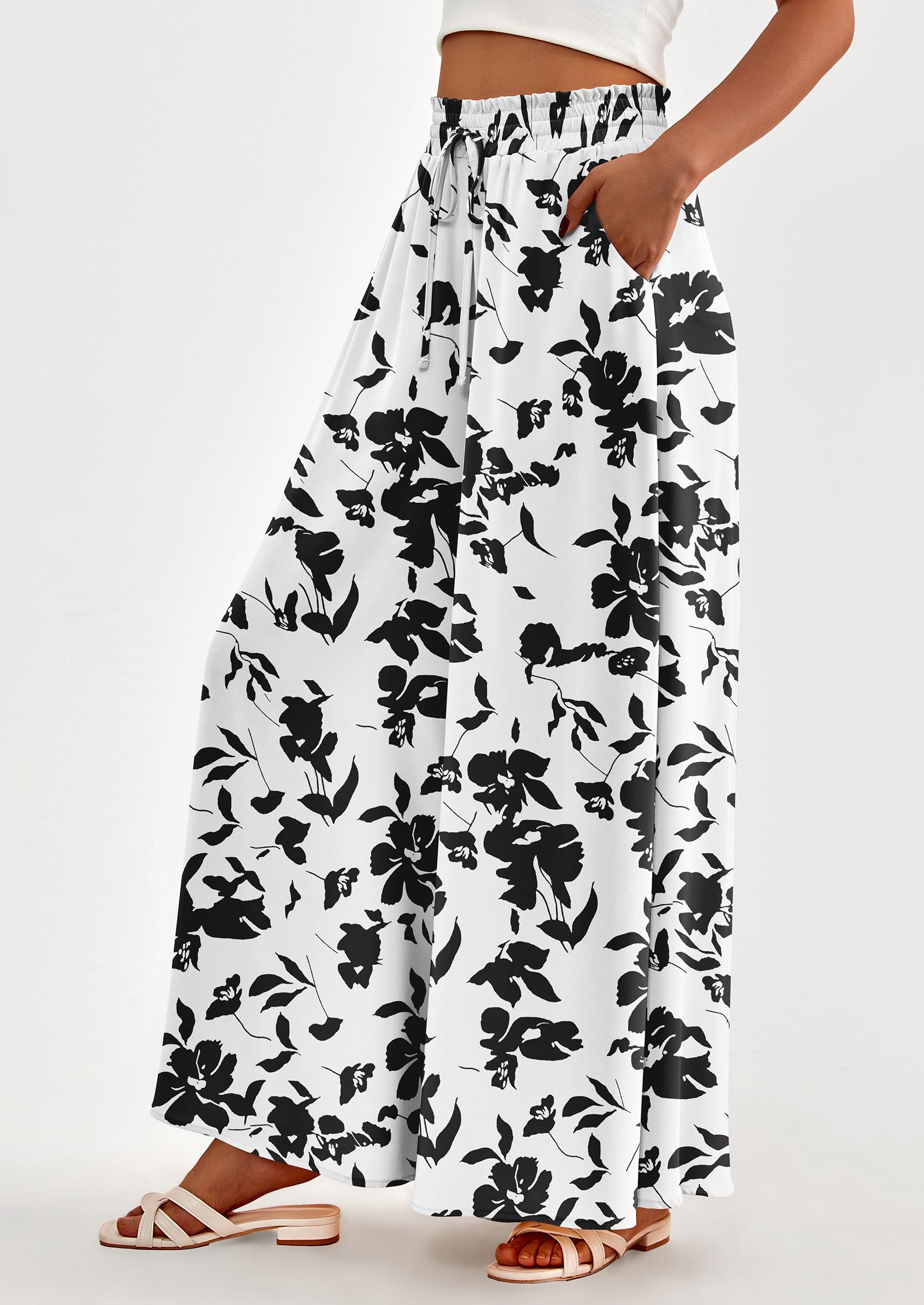 PRETTYGARDEN Women's Summer Wide Leg Palazzo Pants High Waisted Flowy Pockets Trendy Casual Lounge Boho Beach Trousers