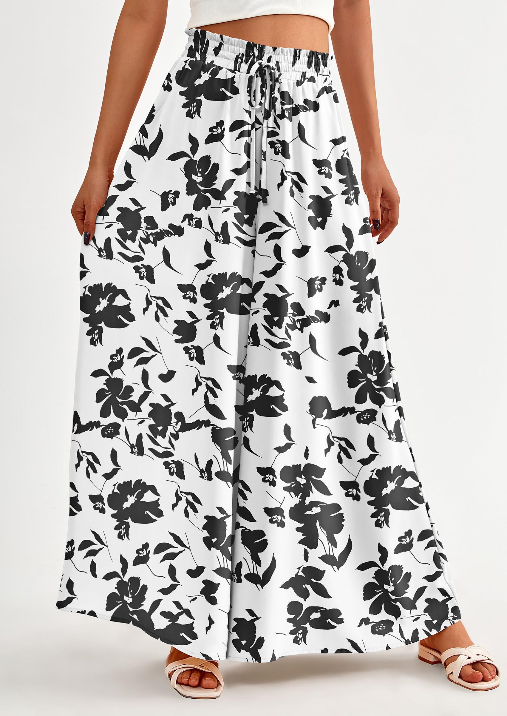 PRETTYGARDEN Women's Summer Wide Leg Palazzo Pants High Waisted Flowy Pockets Trendy Casual Lounge Boho Beach Trousers