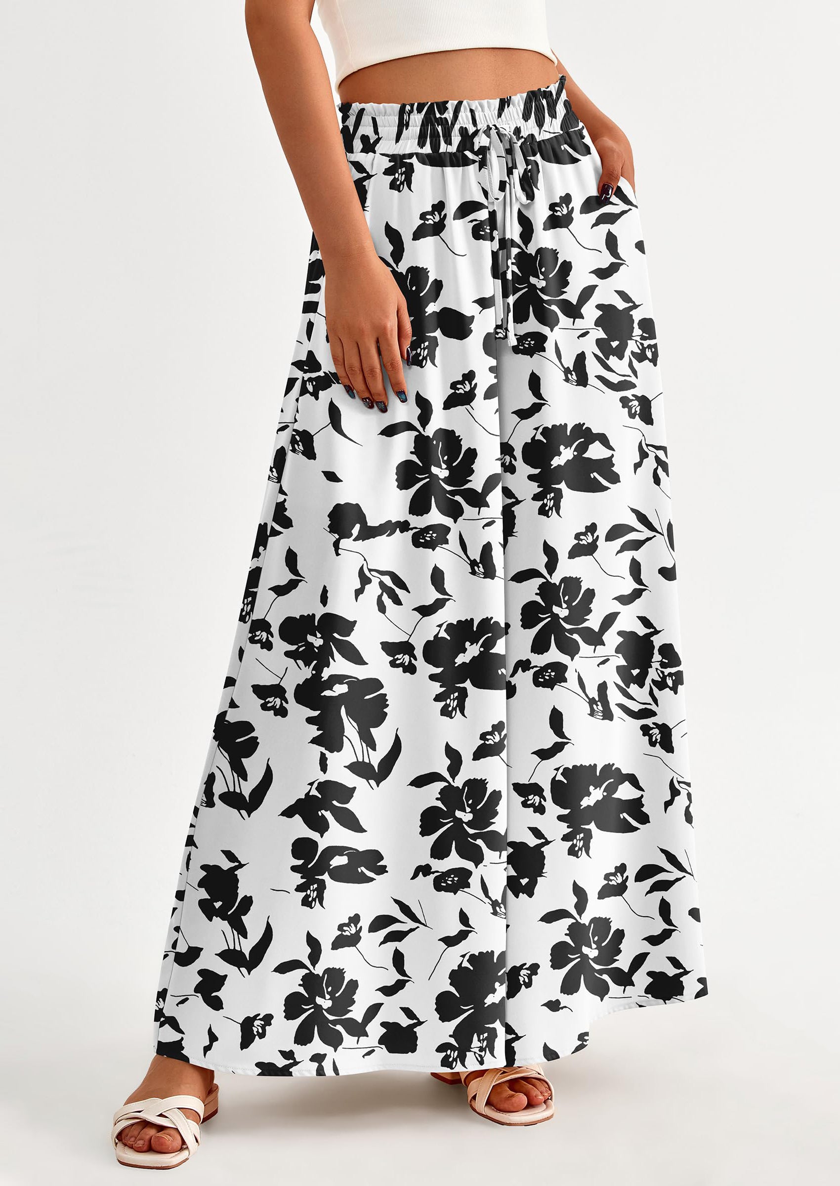 PRETTYGARDEN Women's Summer Wide Leg Palazzo Pants High Waisted Flowy Pockets Trendy Casual Lounge Boho Beach Trousers