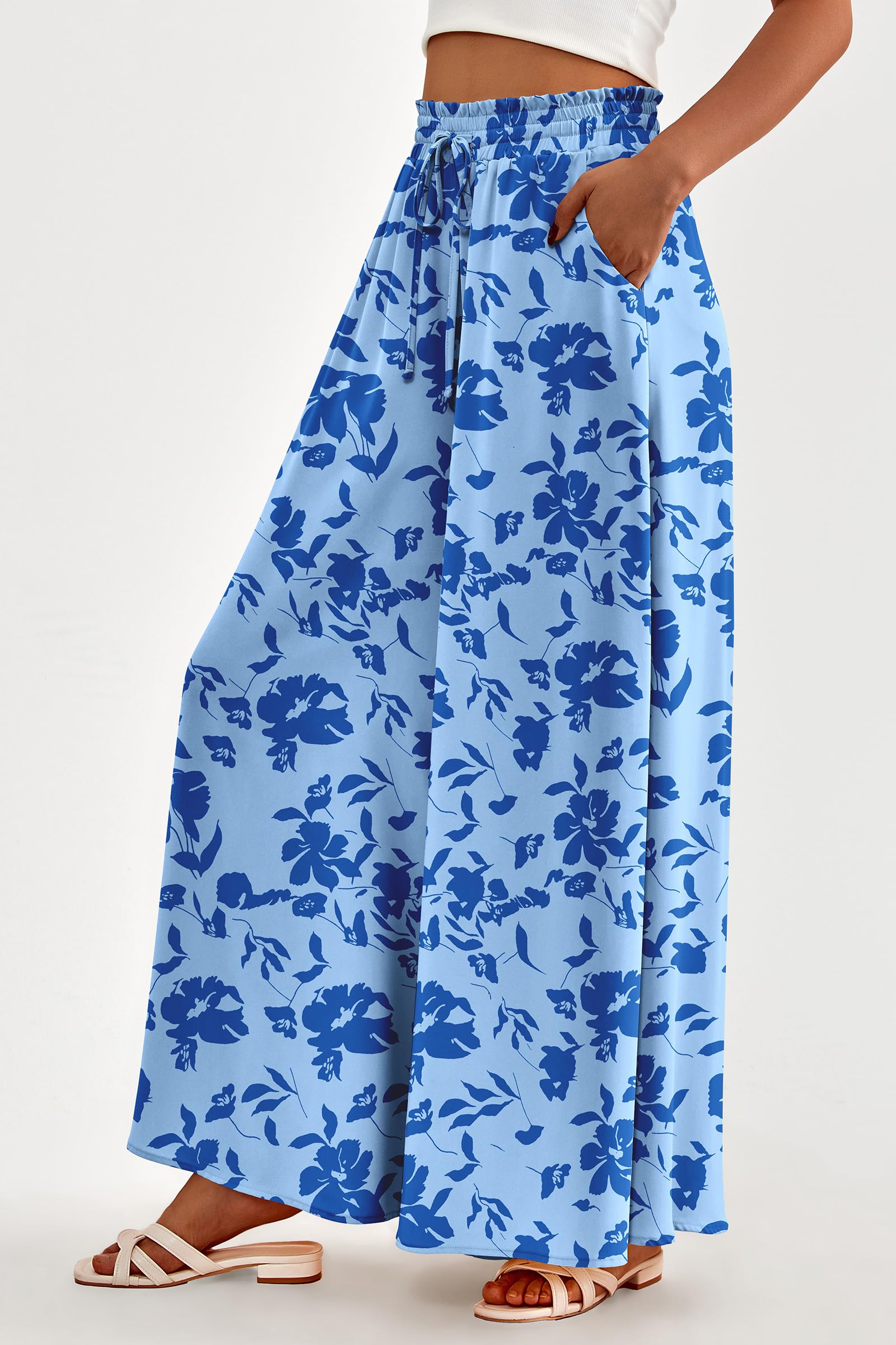 PRETTYGARDEN Women's Summer Wide Leg Palazzo Pants High Waisted Flowy Pockets Trendy Casual Lounge Boho Beach Trousers