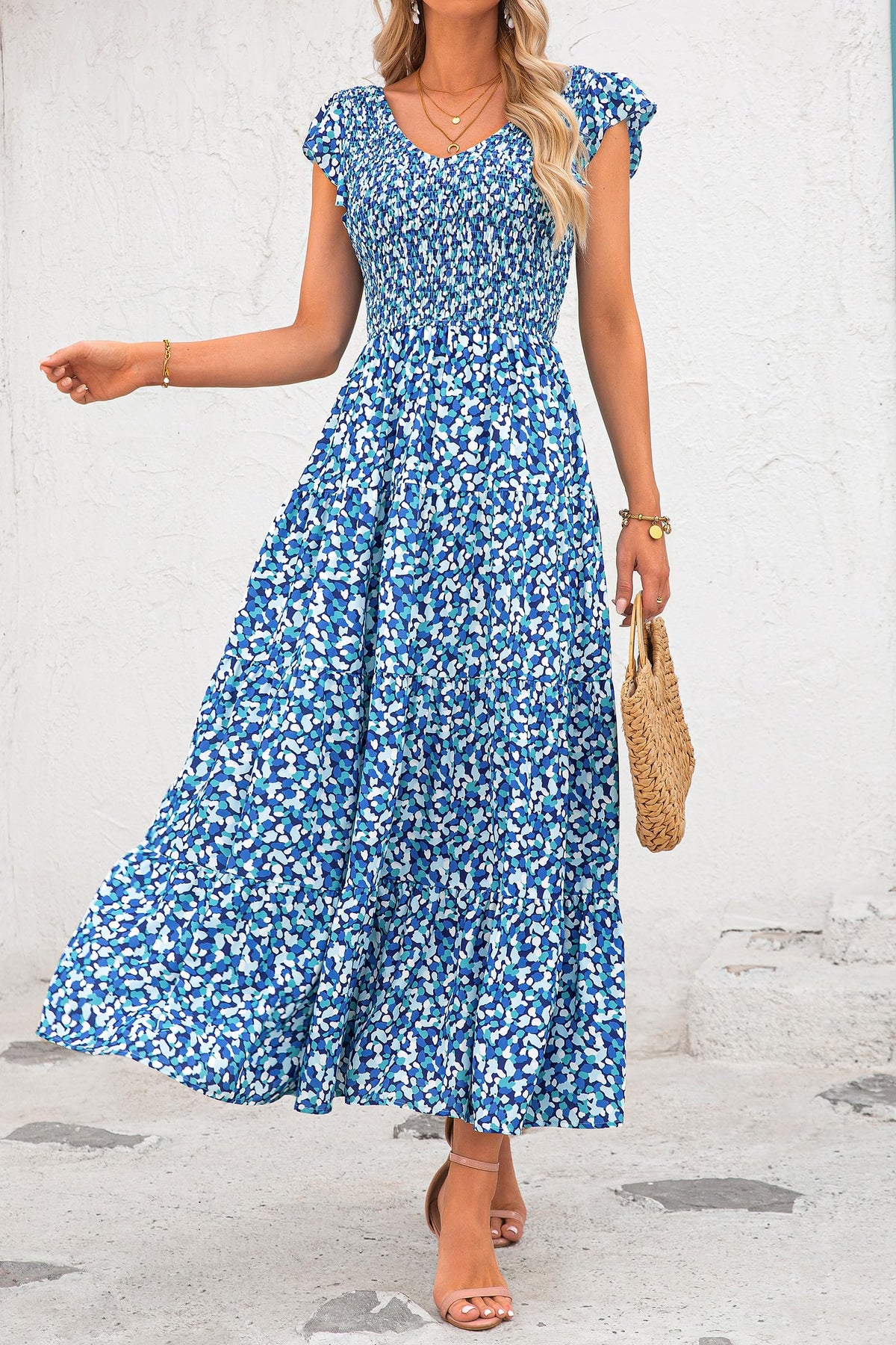 Cap Sleeve V Neck Smocked Beach Maxi Dresses