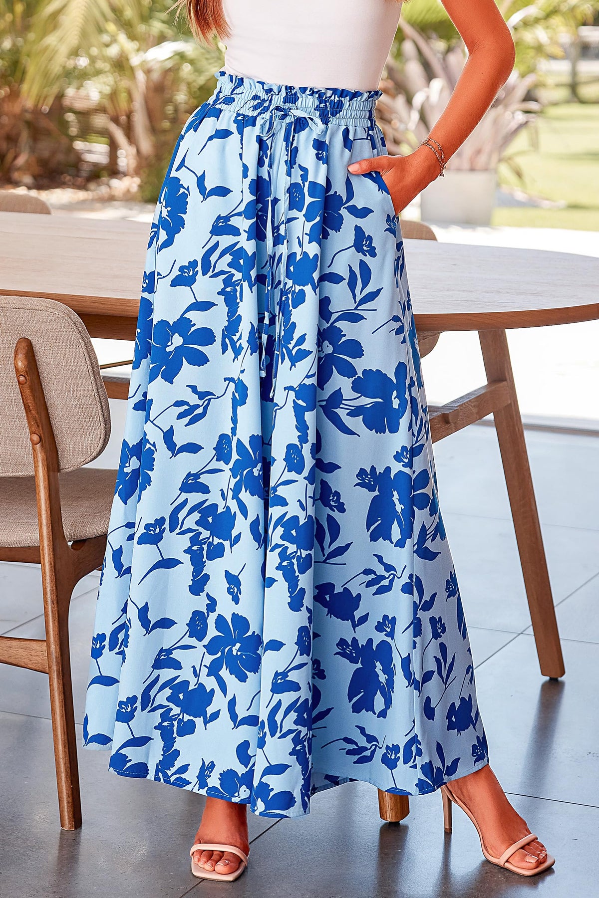 Wide Leg High Waisted Flowy Pockets Palazzo Pants