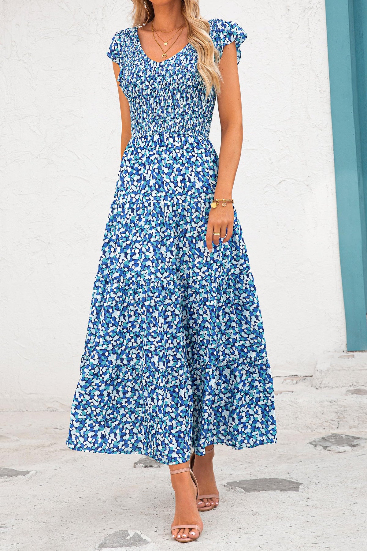 Cap Sleeve V Neck Smocked Beach Maxi Dresses