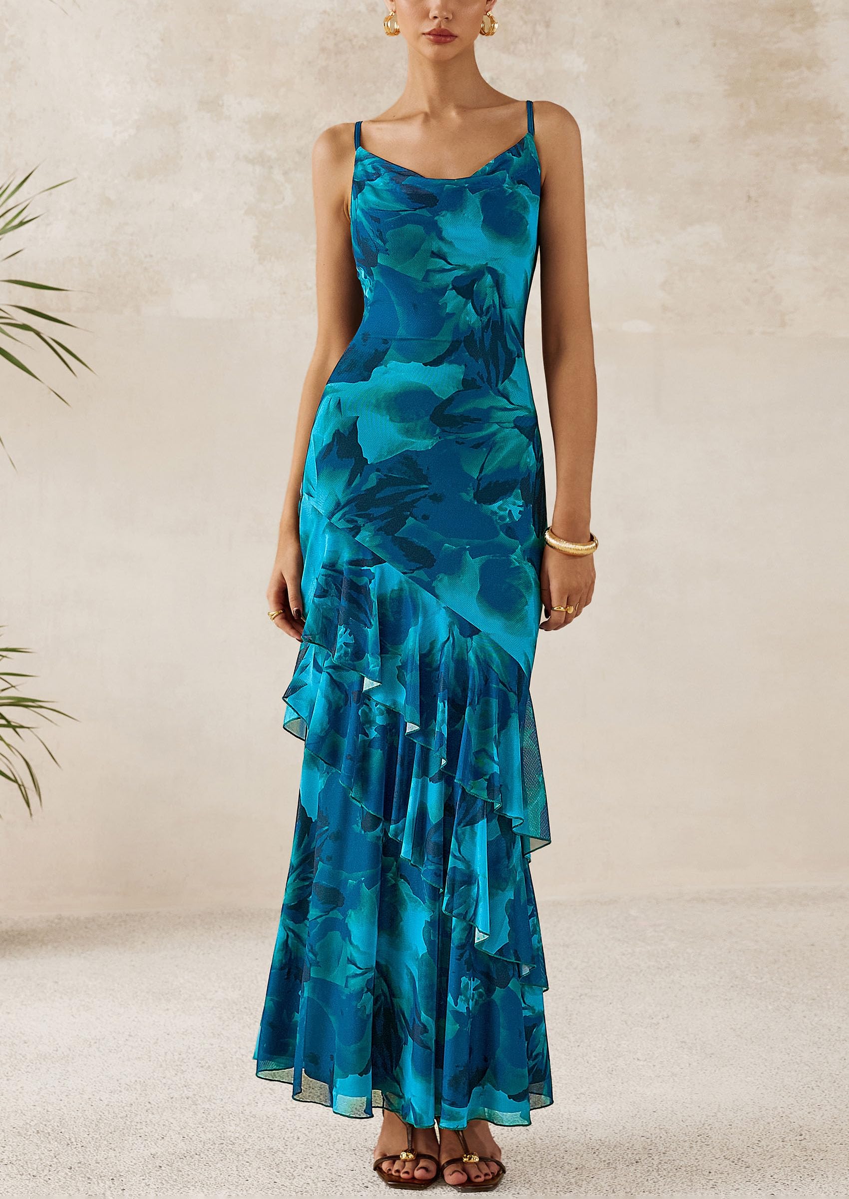 PRETTYGARDEN Maxi Dresses for Women Floral Beach Sundress Spaghetti Strap Tiered Wedding Guest Long Dress