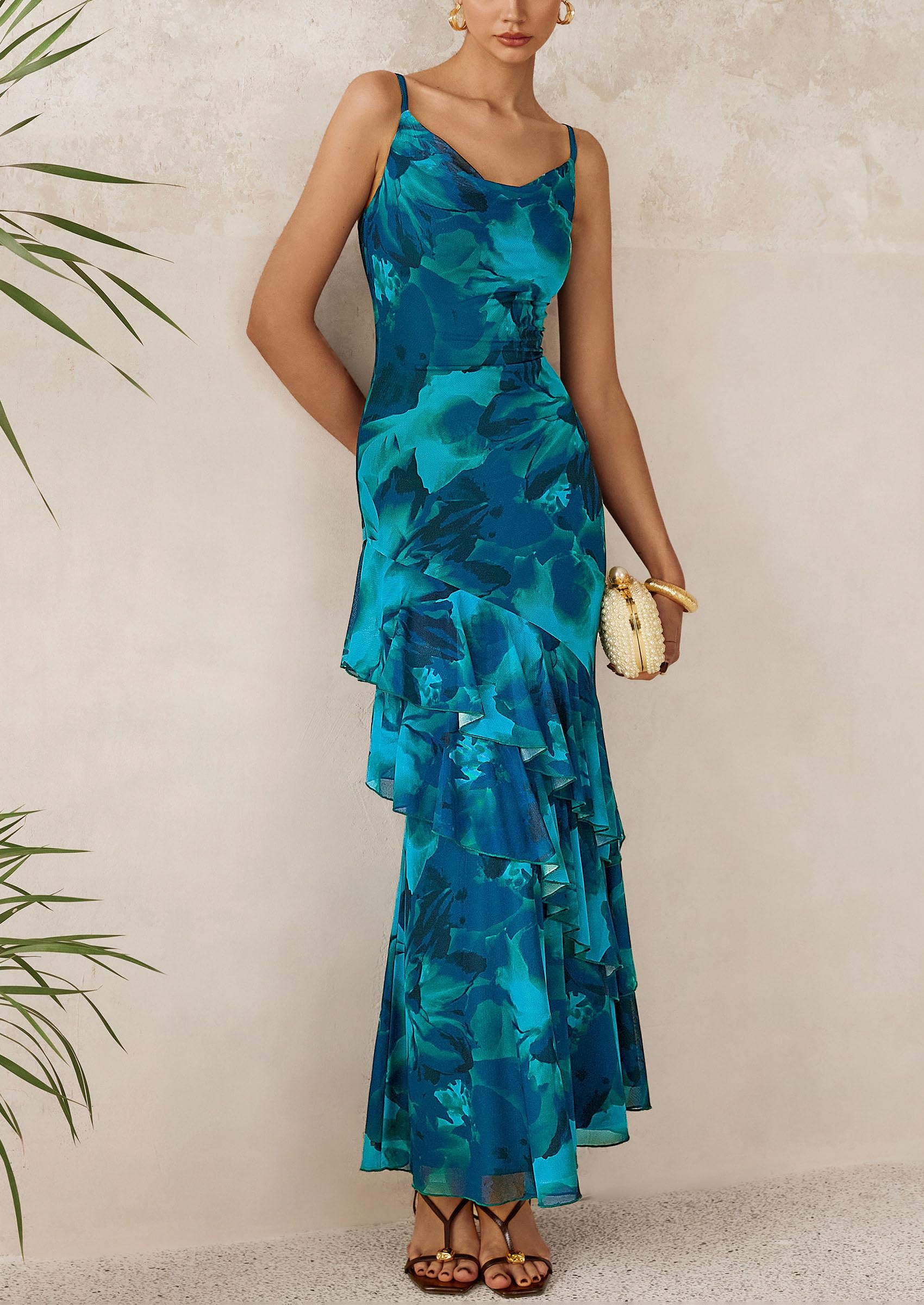 PRETTYGARDEN Maxi Dresses for Women Floral Beach Sundress Spaghetti Strap Tiered Wedding Guest Long Dress