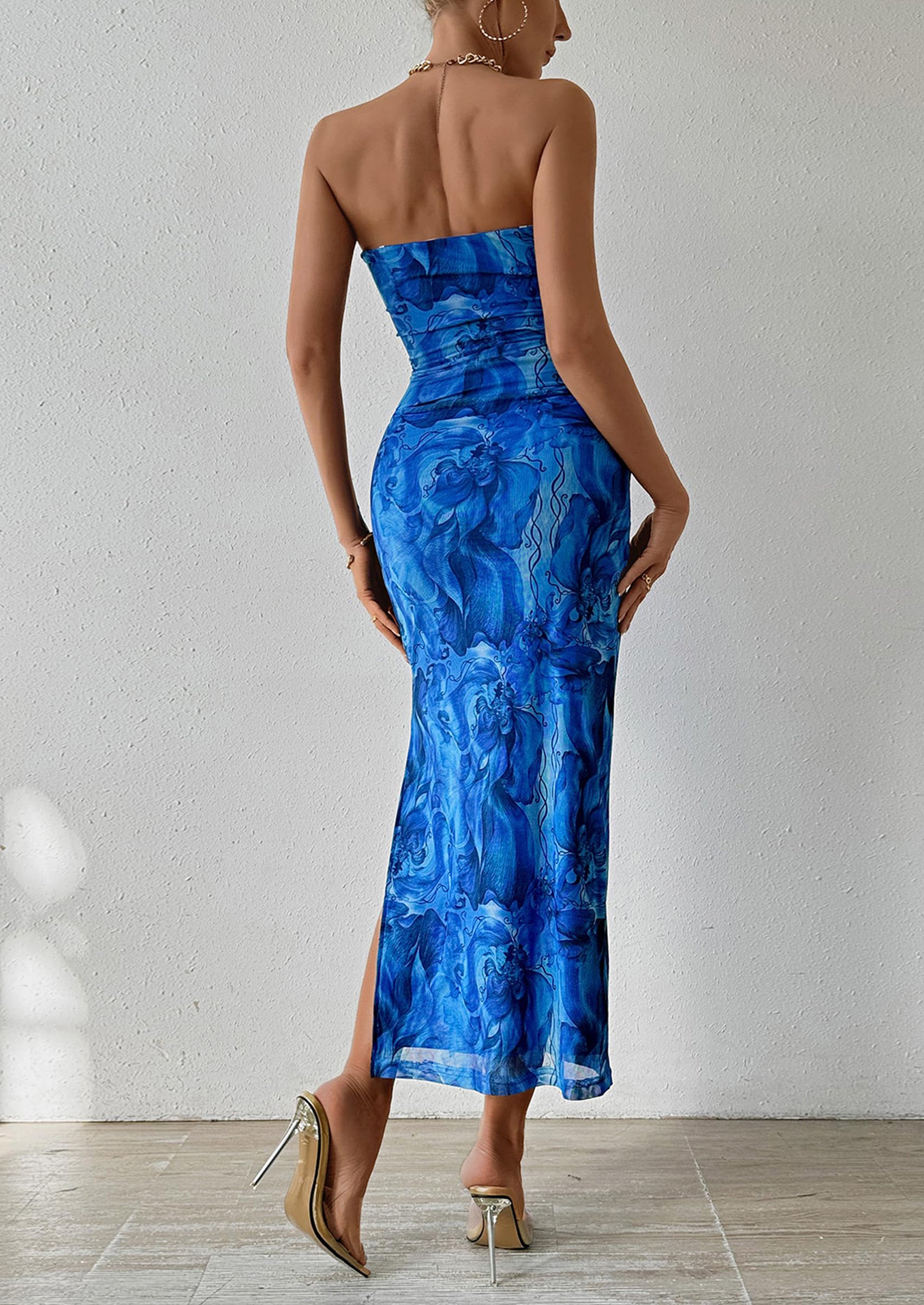 PRETTYGARDEN Women's Maxi Bodycon Dresses Strapless Tube Top Slit Floral Printed Party Club Long Dress