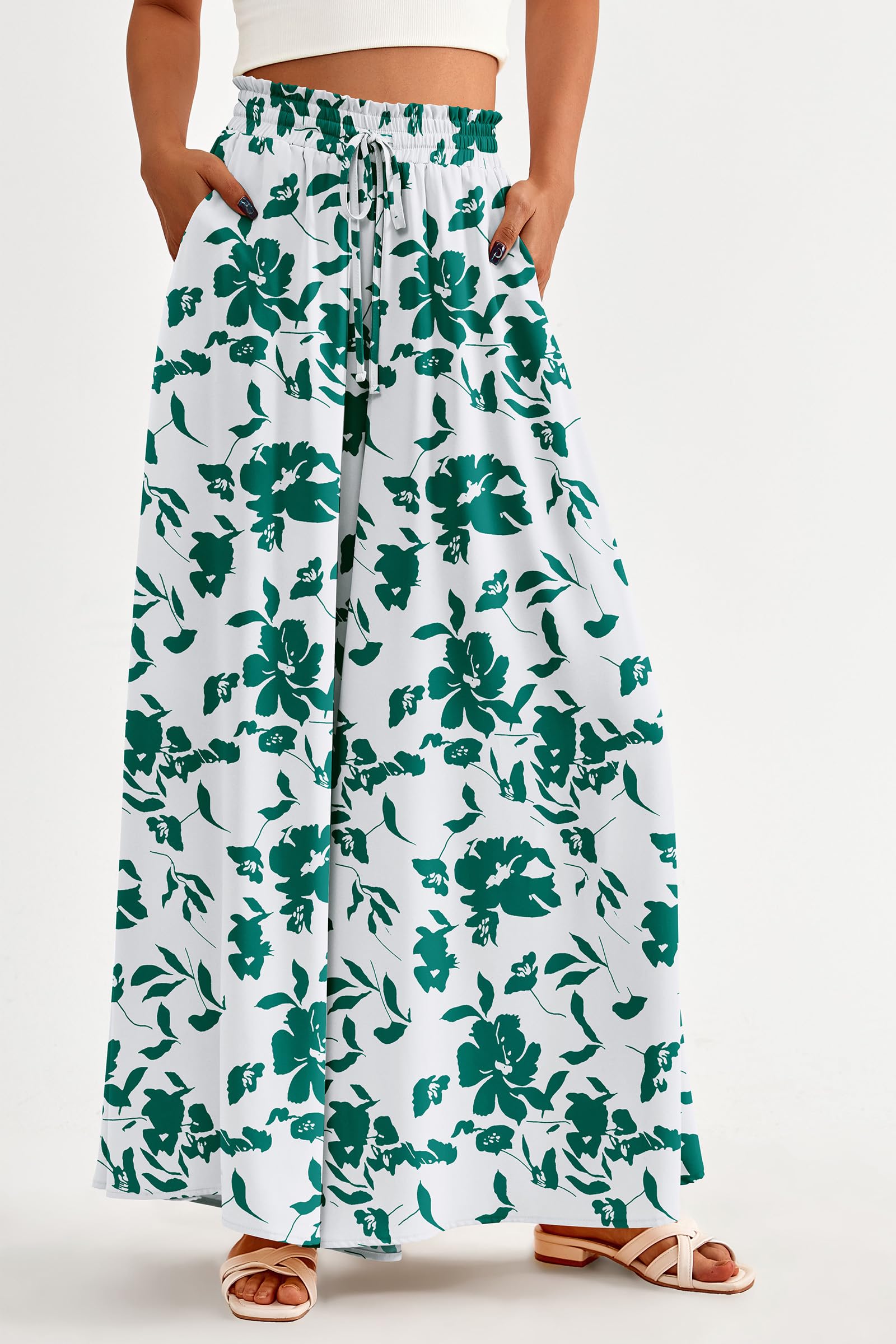 PRETTYGARDEN Women's Summer Wide Leg Palazzo Pants High Waisted Flowy Pockets Trendy Casual Lounge Boho Beach Trousers