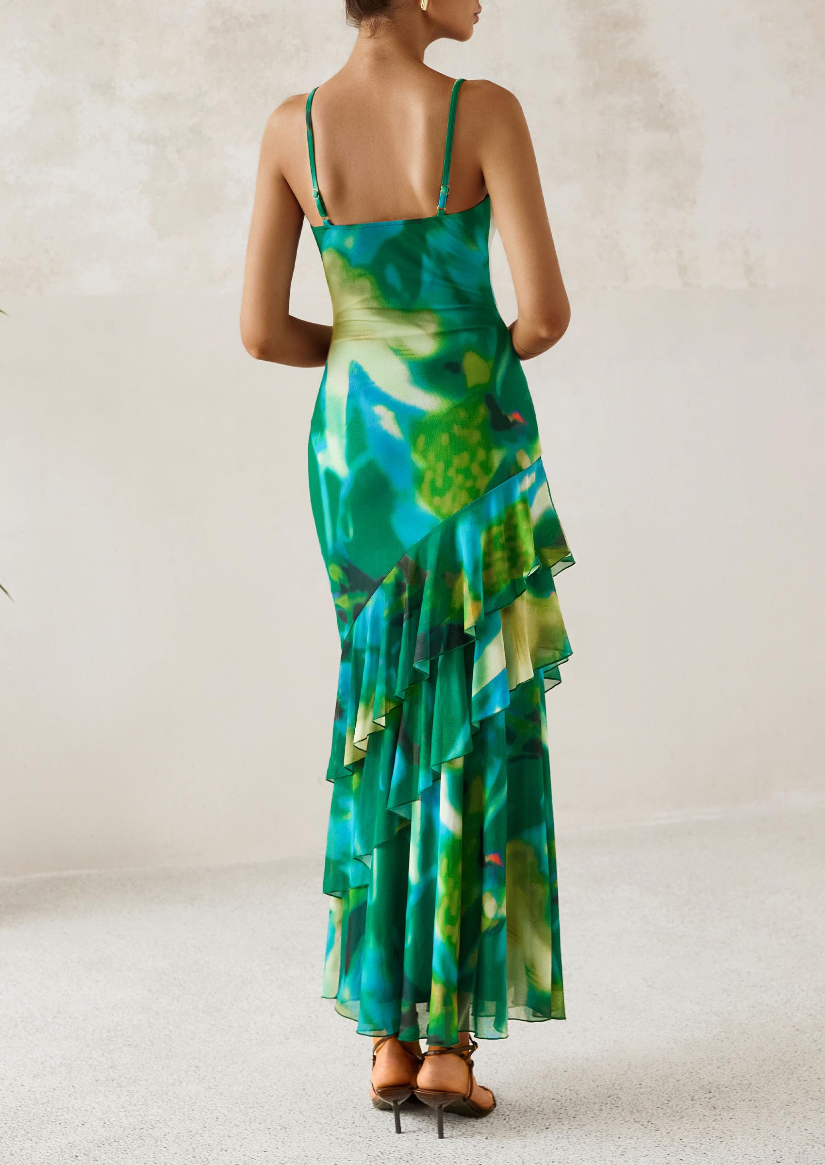 PRETTYGARDEN Maxi Dresses for Women Floral Beach Sundress Spaghetti Strap Tiered Wedding Guest Long Dress