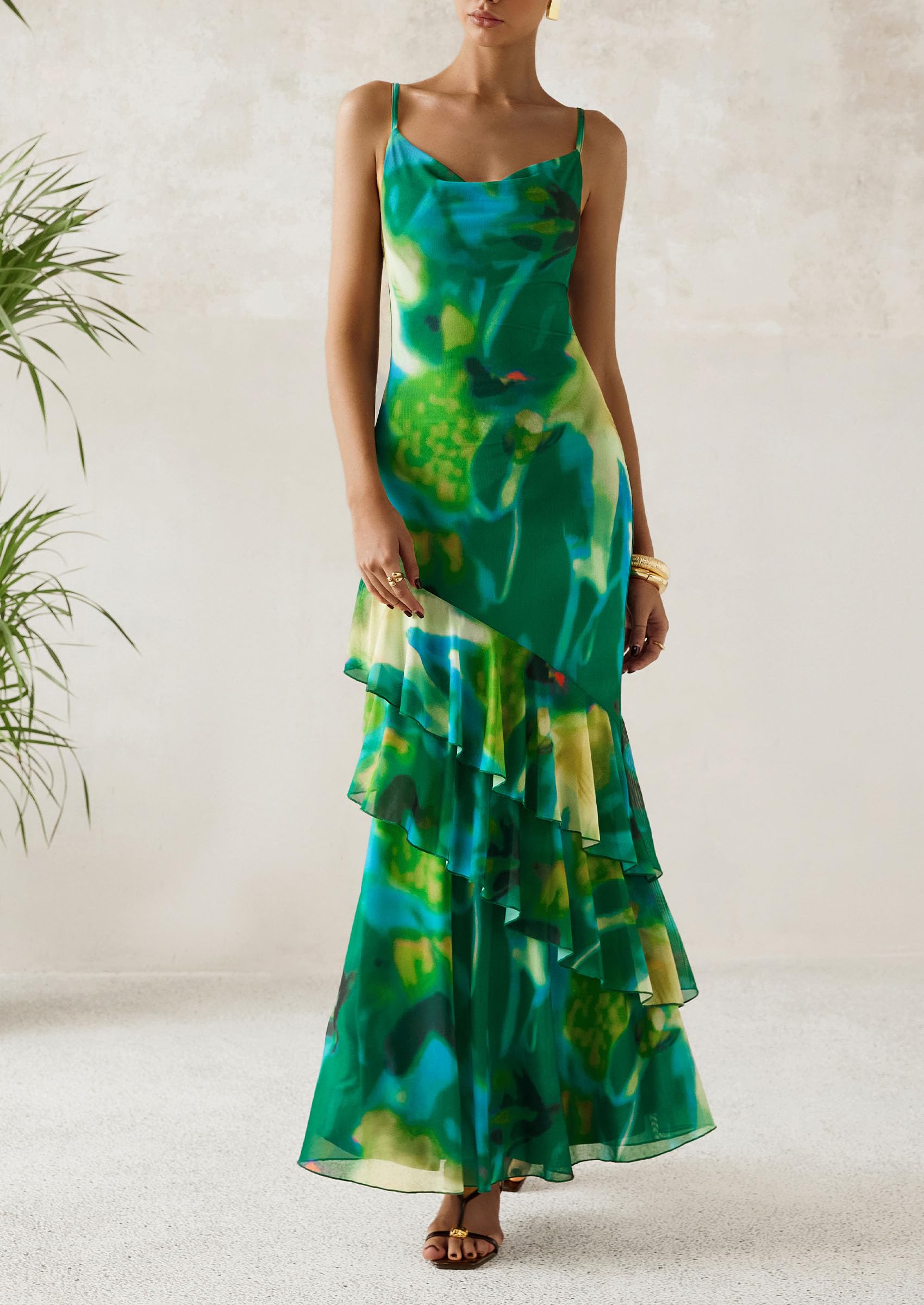 PRETTYGARDEN Maxi Dresses for Women Floral Beach Sundress Spaghetti Strap Tiered Wedding Guest Long Dress