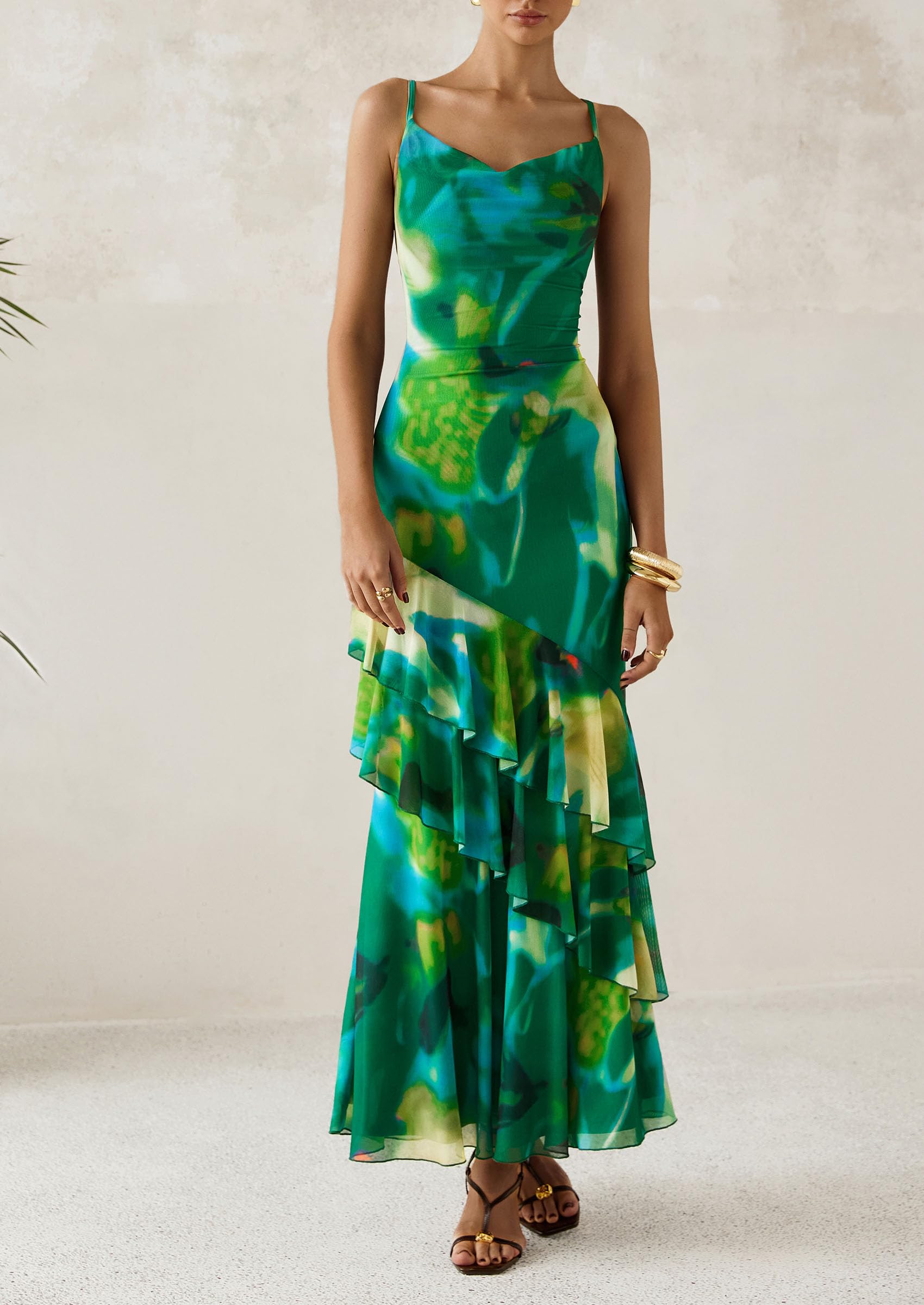 PRETTYGARDEN Maxi Dresses for Women Floral Beach Sundress Spaghetti Strap Tiered Wedding Guest Long Dress