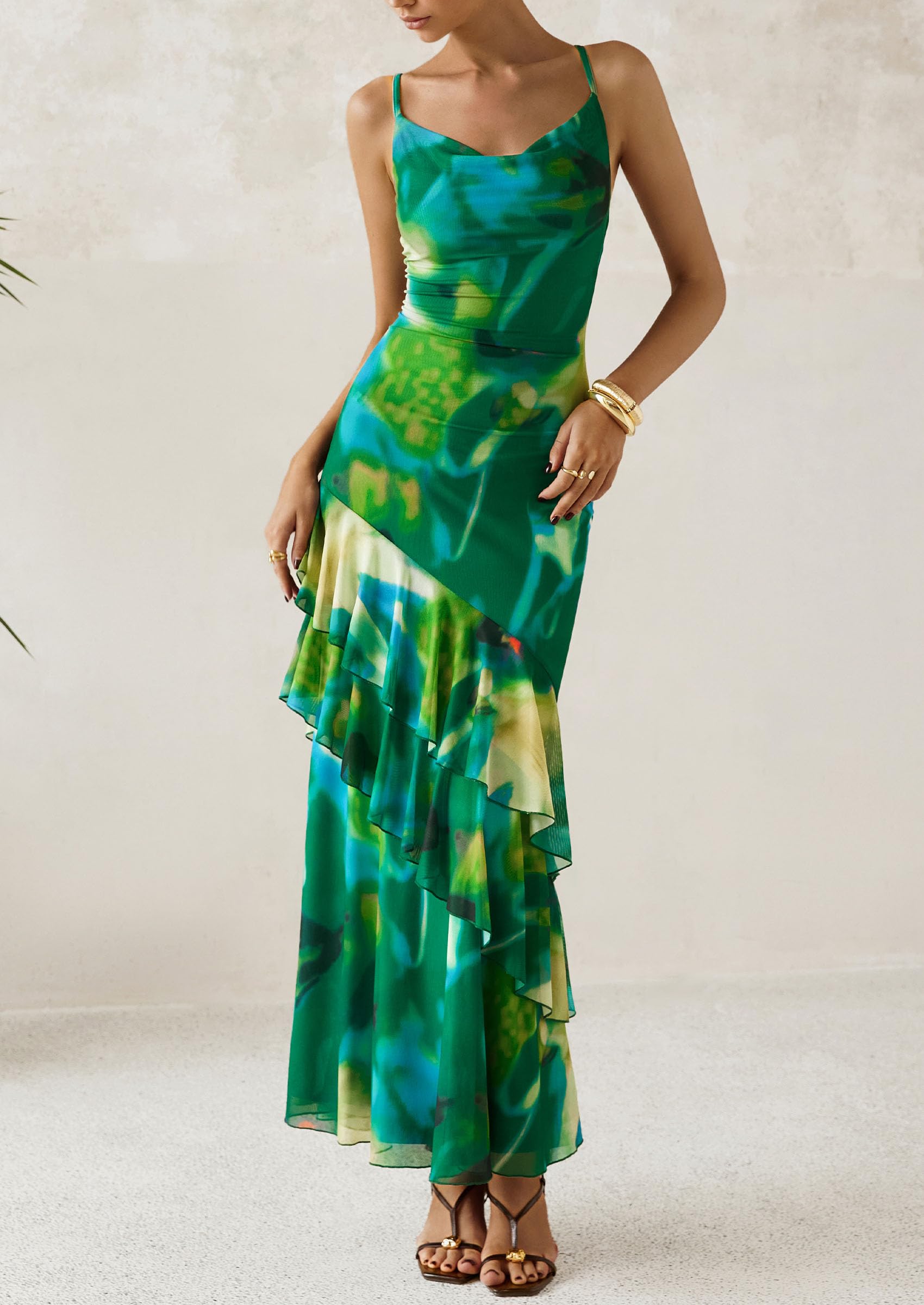 PRETTYGARDEN Maxi Dresses for Women Floral Beach Sundress Spaghetti Strap Tiered Wedding Guest Long Dress