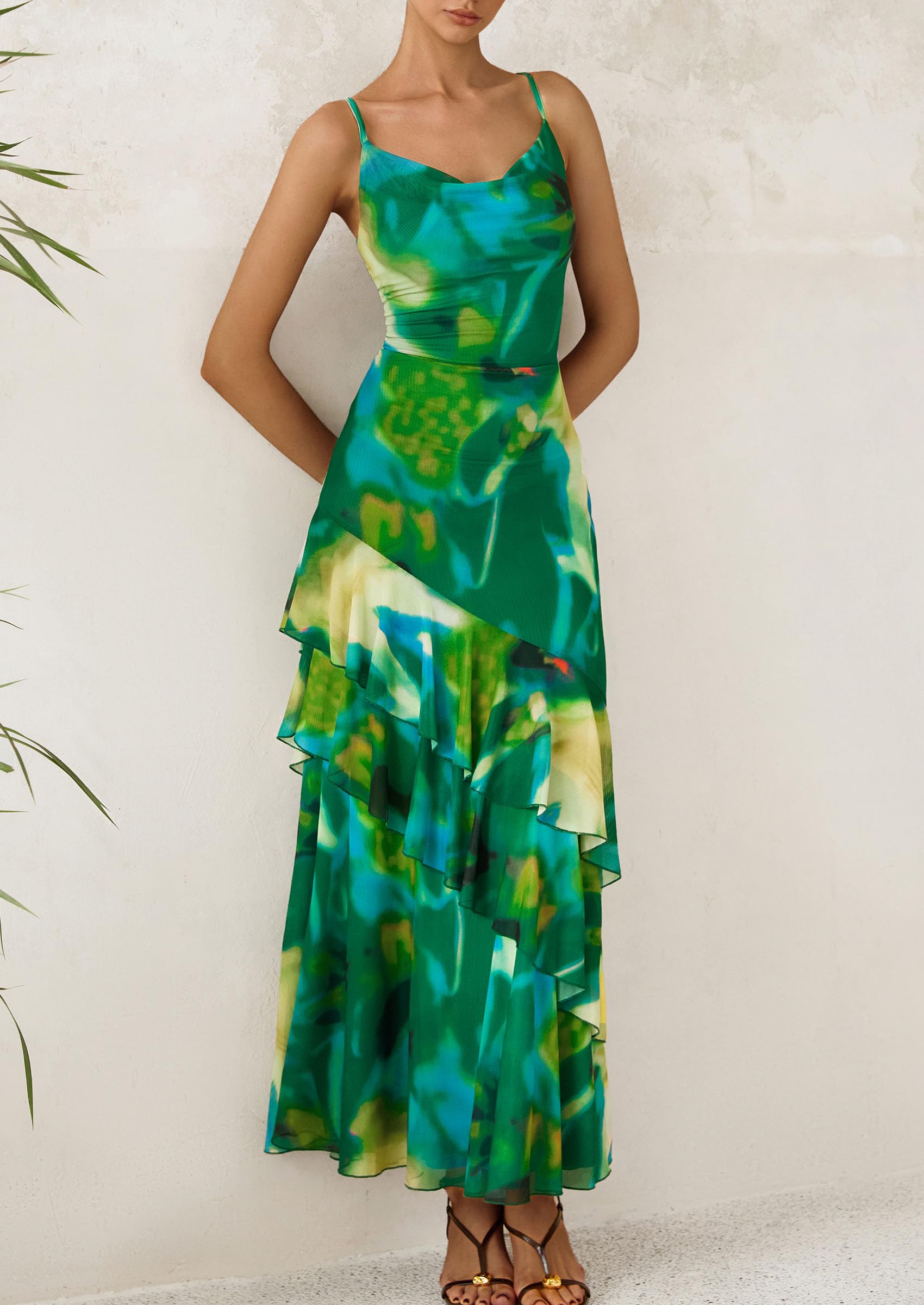 PRETTYGARDEN Maxi Dresses for Women Floral Beach Sundress Spaghetti Strap Tiered Wedding Guest Long Dress