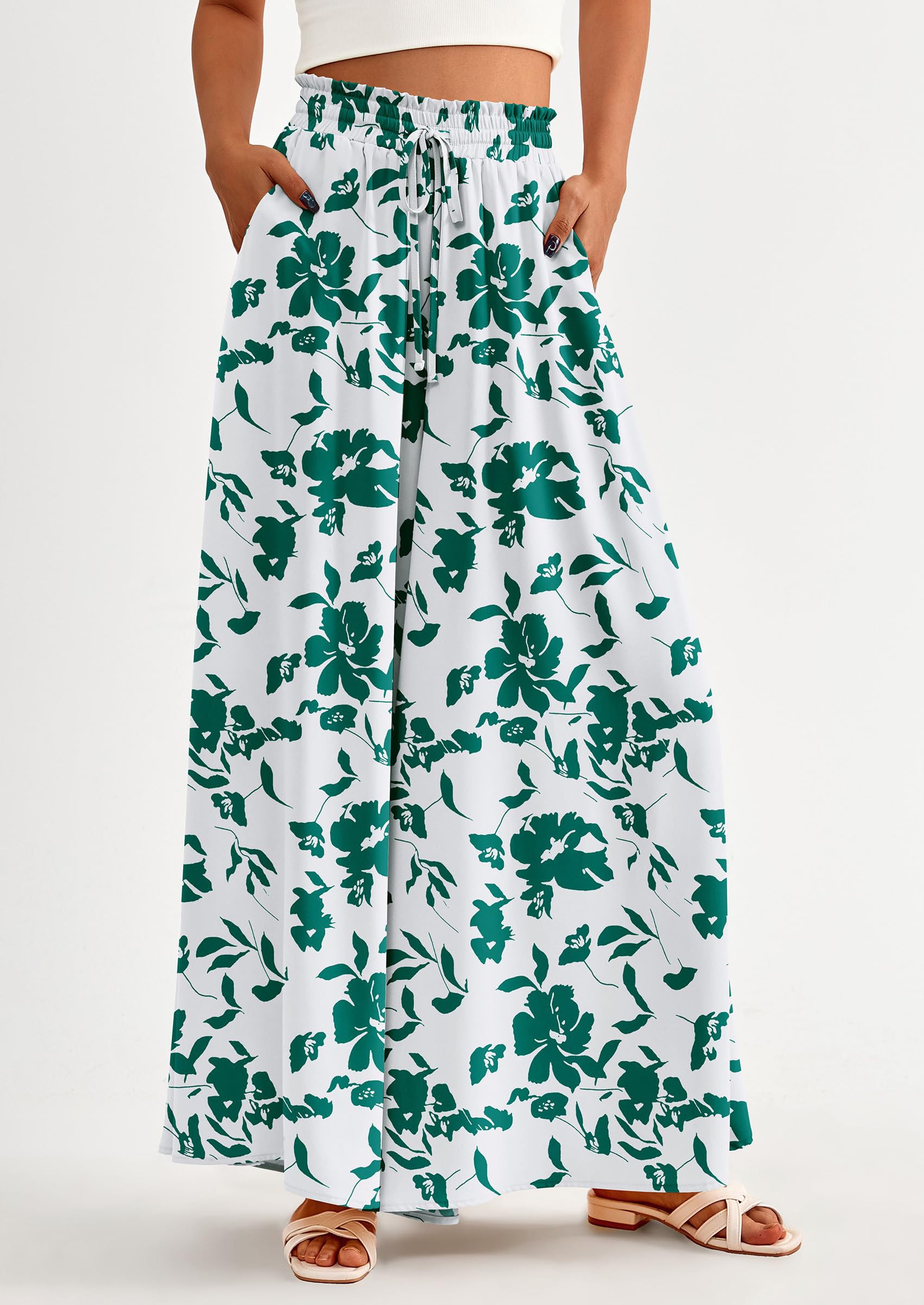 PRETTYGARDEN Women's Summer Wide Leg Palazzo Pants High Waisted Flowy Pockets Trendy Casual Lounge Boho Beach Trousers