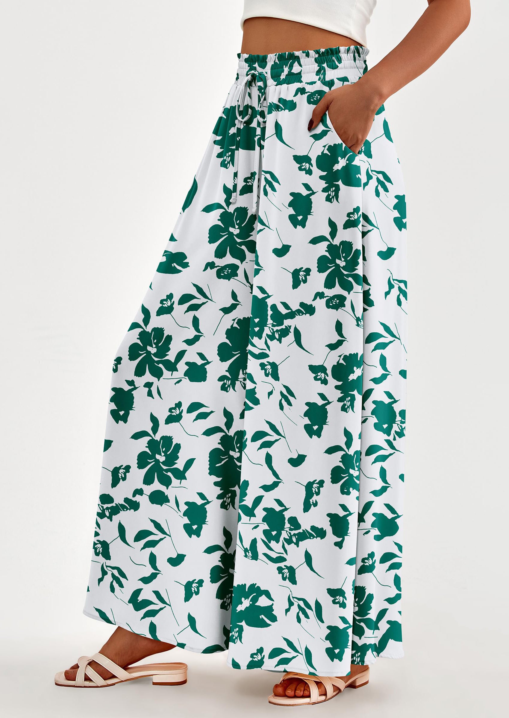 PRETTYGARDEN Women's Summer Wide Leg Palazzo Pants High Waisted Flowy Pockets Trendy Casual Lounge Boho Beach Trousers