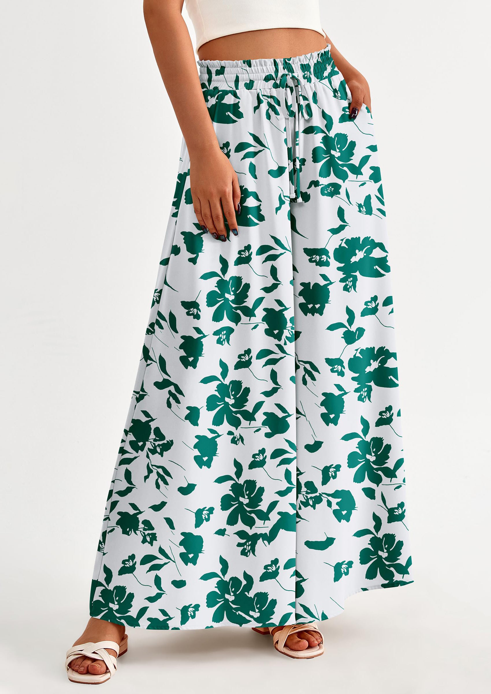 PRETTYGARDEN Women's Summer Wide Leg Palazzo Pants High Waisted Flowy Pockets Trendy Casual Lounge Boho Beach Trousers