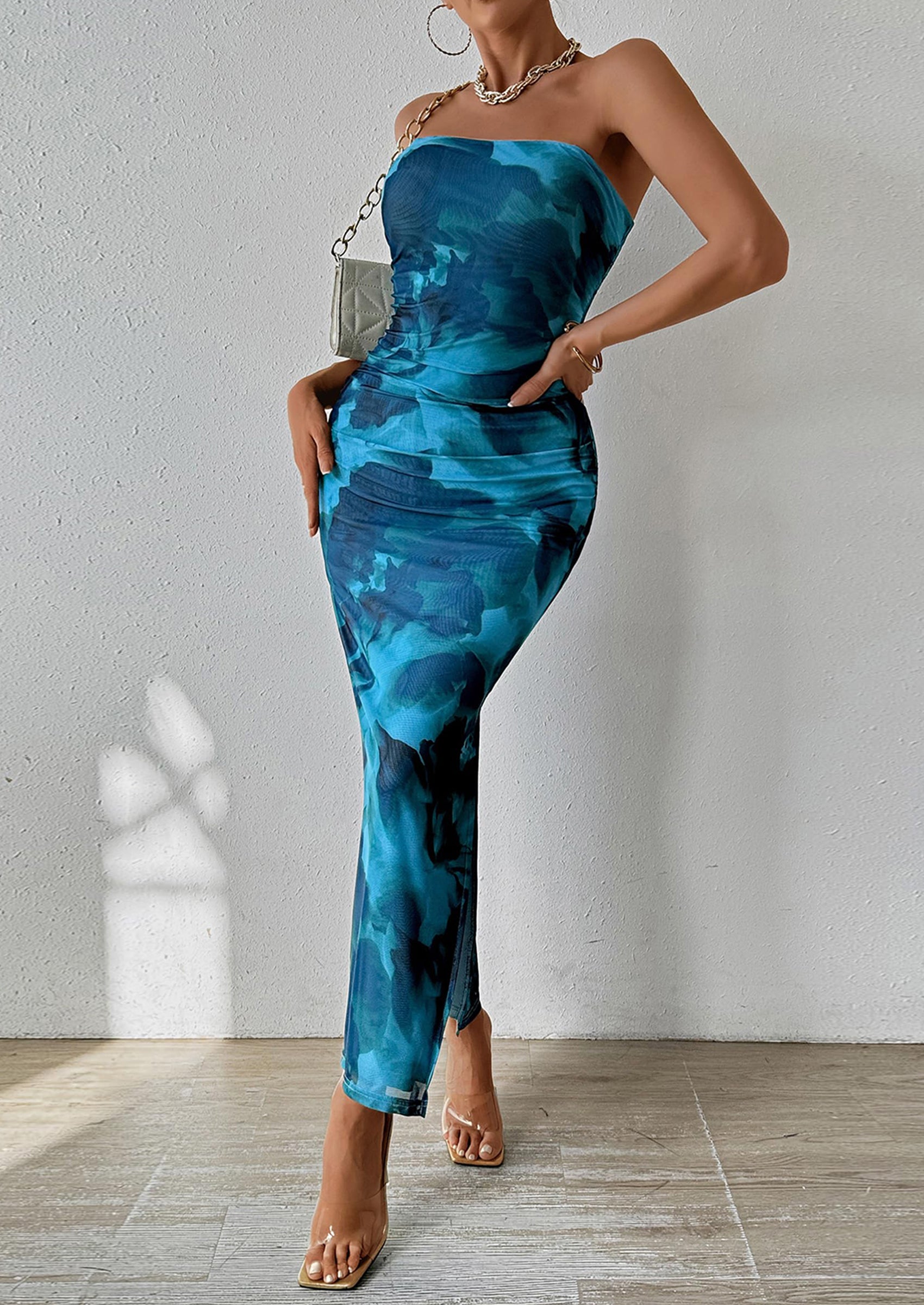 PRETTYGARDEN Women's Maxi Bodycon Dresses Strapless Tube Top Slit Floral Printed Party Club Long Dress