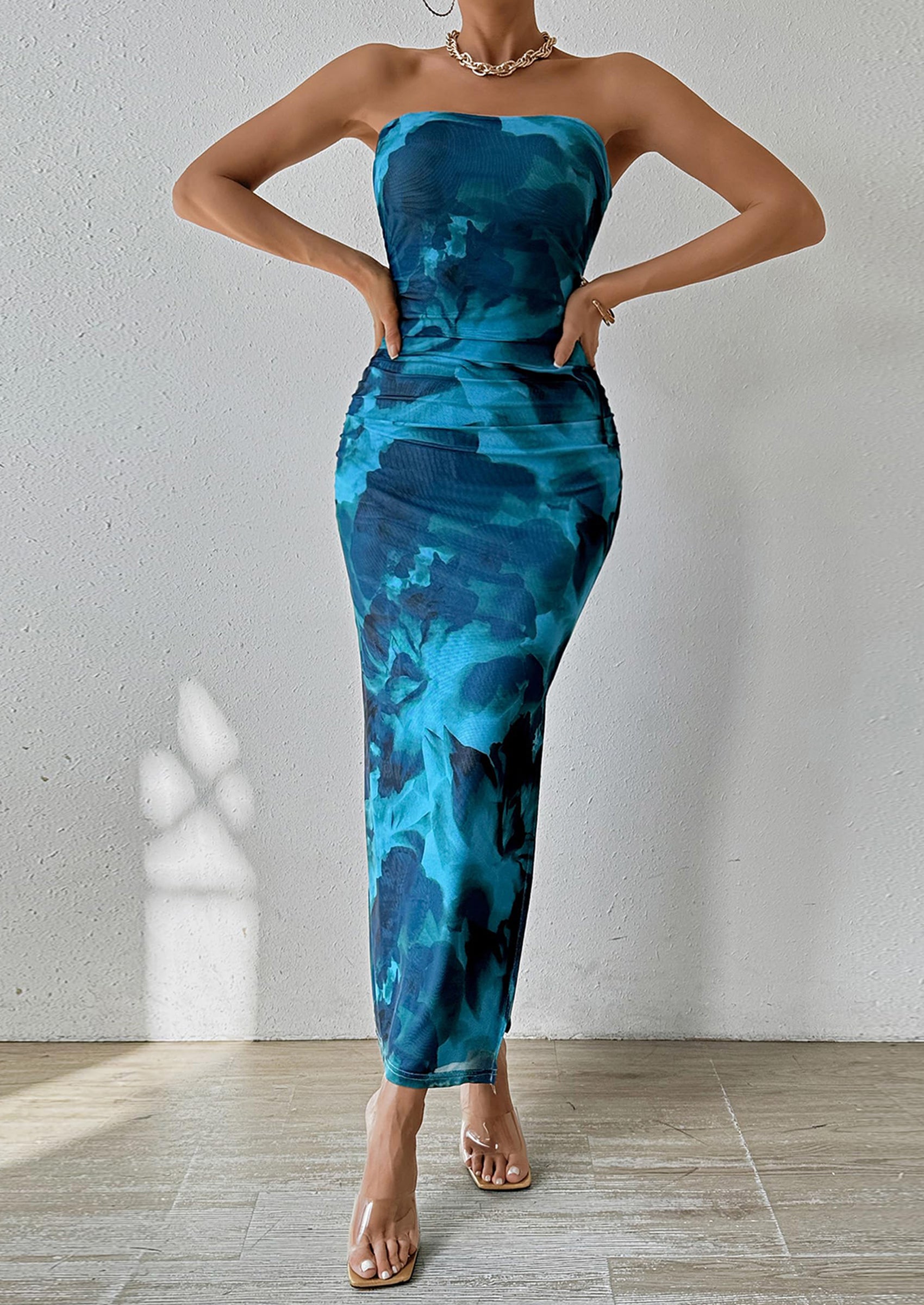 PRETTYGARDEN Women's Maxi Bodycon Dresses Strapless Tube Top Slit Floral Printed Party Club Long Dress