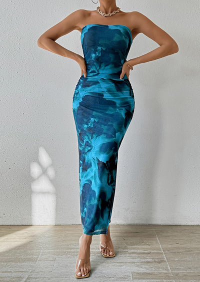 PRETTYGARDEN Women's Maxi Bodycon Dresses Strapless Tube Top Slit Floral Printed Party Club Long Dress