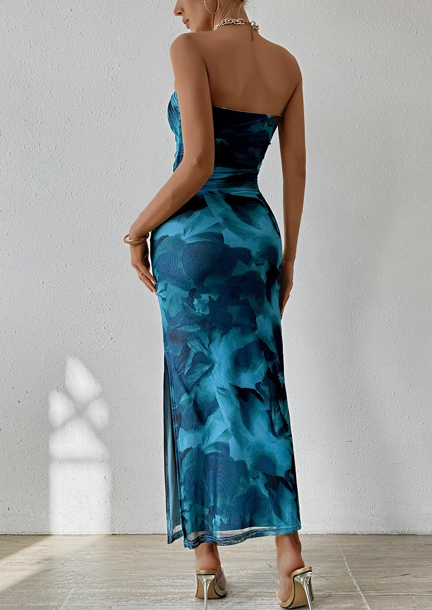 PRETTYGARDEN Women's Maxi Bodycon Dresses Strapless Tube Top Slit Floral Printed Party Club Long Dress