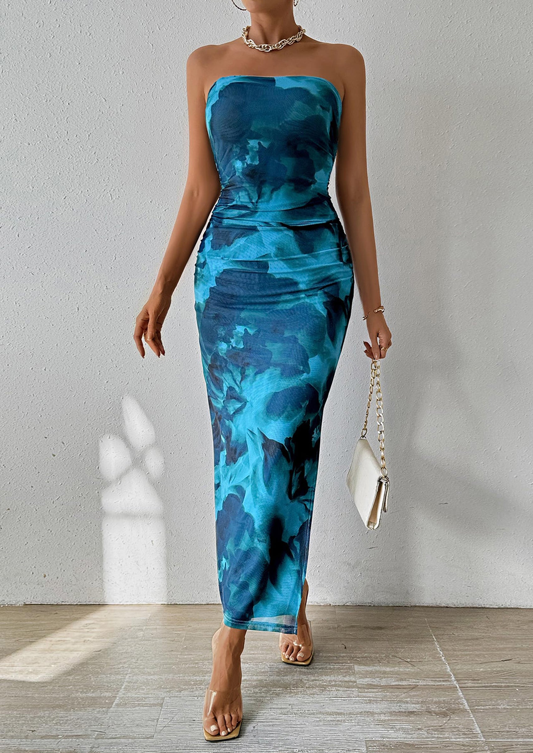 PRETTYGARDEN Women's Maxi Bodycon Dresses Strapless Tube Top Slit Floral Printed Party Club Long Dress