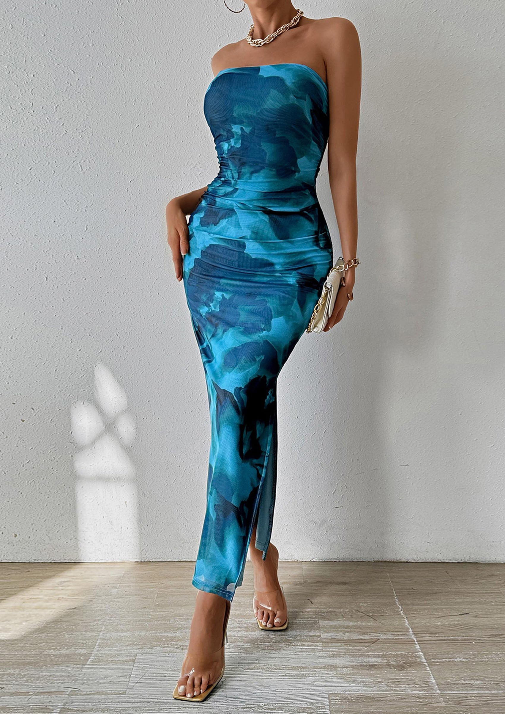 PRETTYGARDEN Women's Maxi Bodycon Dresses Strapless Tube Top Slit Floral Printed Party Club Long Dress