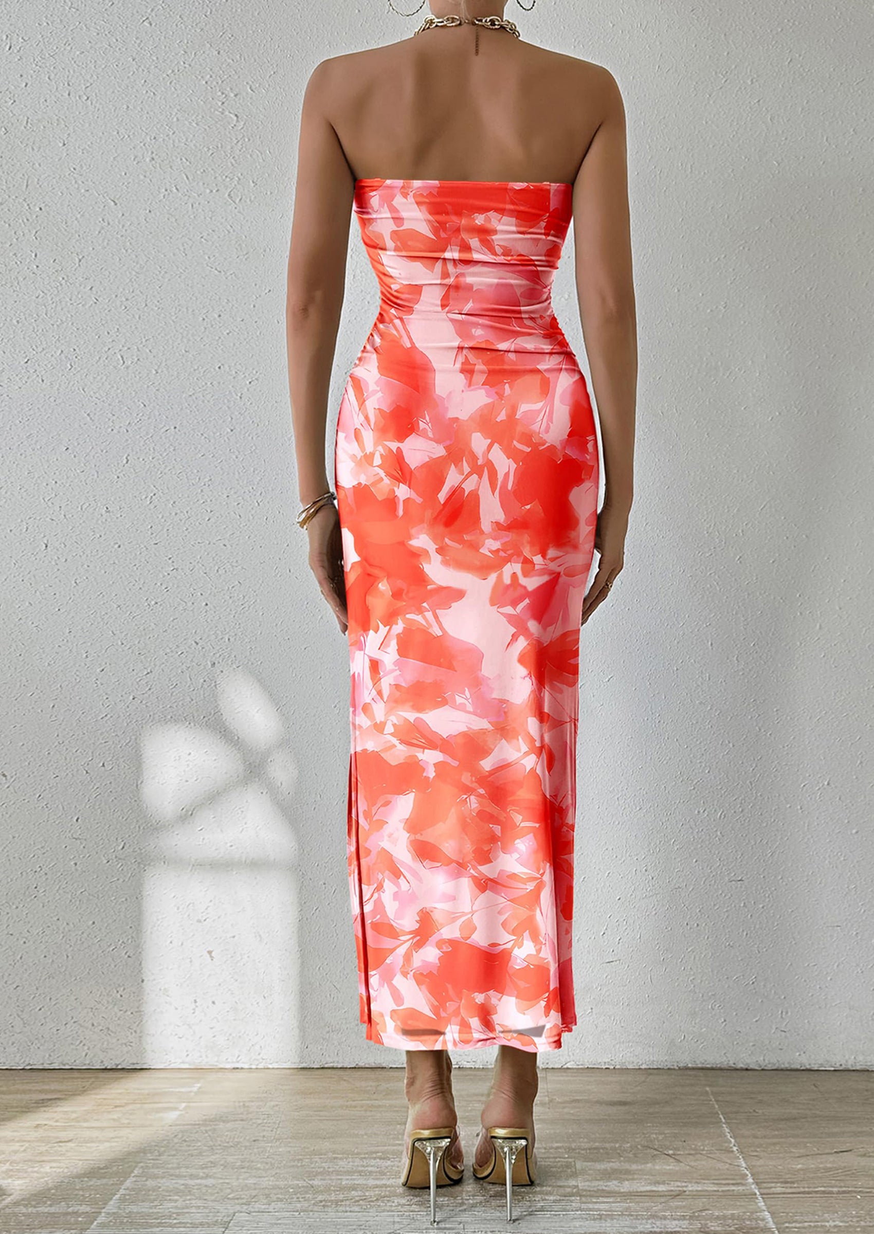 PRETTYGARDEN Women's Maxi Bodycon Dresses Strapless Tube Top Slit Floral Printed Party Club Long Dress