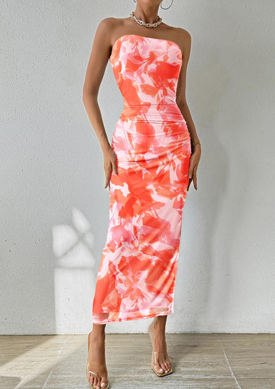 PRETTYGARDEN Women's Maxi Bodycon Dresses Strapless Tube Top Slit Floral Printed Party Club Long Dress