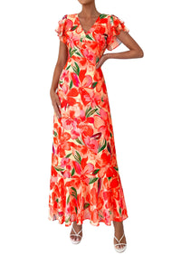 PRETTYGARDEN Wedding Guest Dresses for Women 2026 Spring Summer Short Sleeve Ruffle V Neck Floral Flowy Beach Maxi Long Dress PRETTYGARDEN