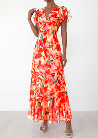 PRETTYGARDEN Wedding Guest Dresses for Women 2026 Spring Summer Short Sleeve Ruffle V Neck Floral Flowy Beach Maxi Long Dress PRETTYGARDEN