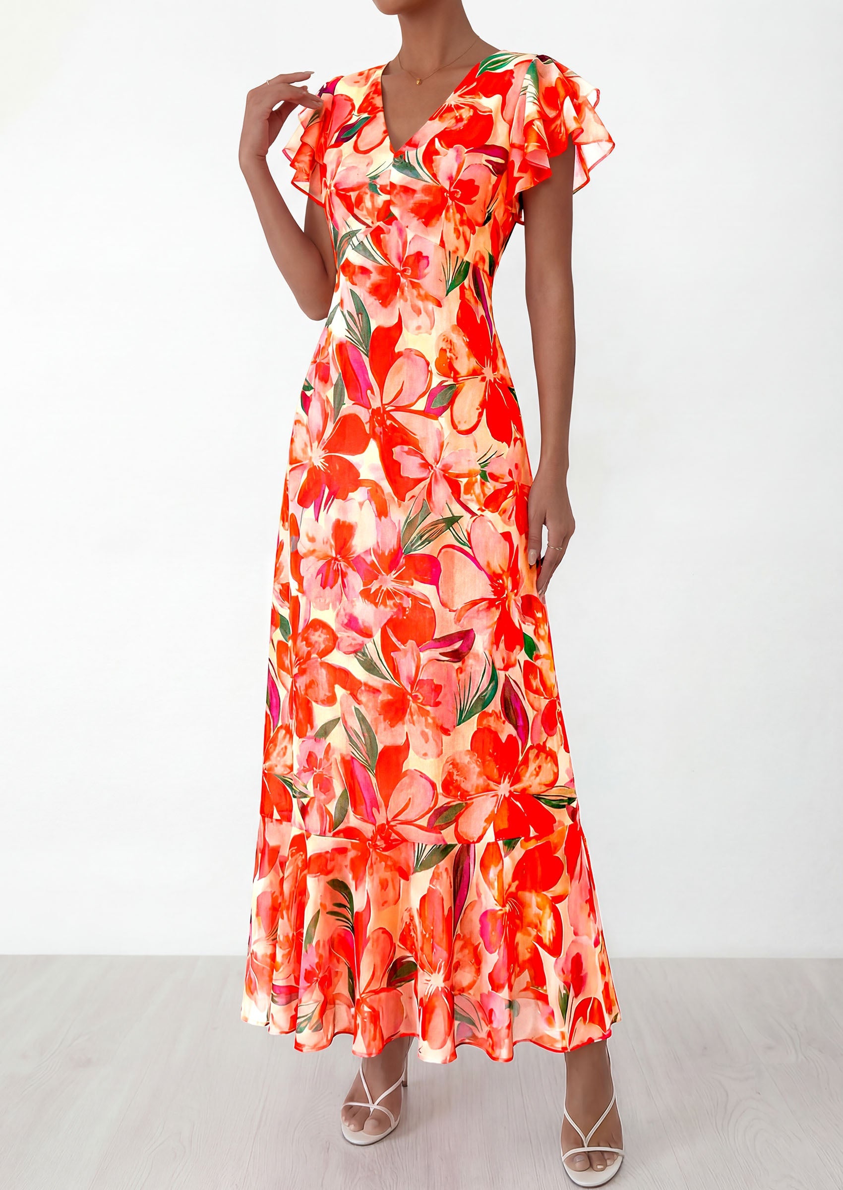 PRETTYGARDEN Wedding Guest Dresses for Women 2026 Spring Summer Short Sleeve Ruffle V Neck Floral Flowy Beach Maxi Long Dress PRETTYGARDEN