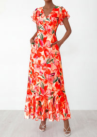 PRETTYGARDEN Wedding Guest Dresses for Women 2026 Spring Summer Short Sleeve Ruffle V Neck Floral Flowy Beach Maxi Long Dress PRETTYGARDEN