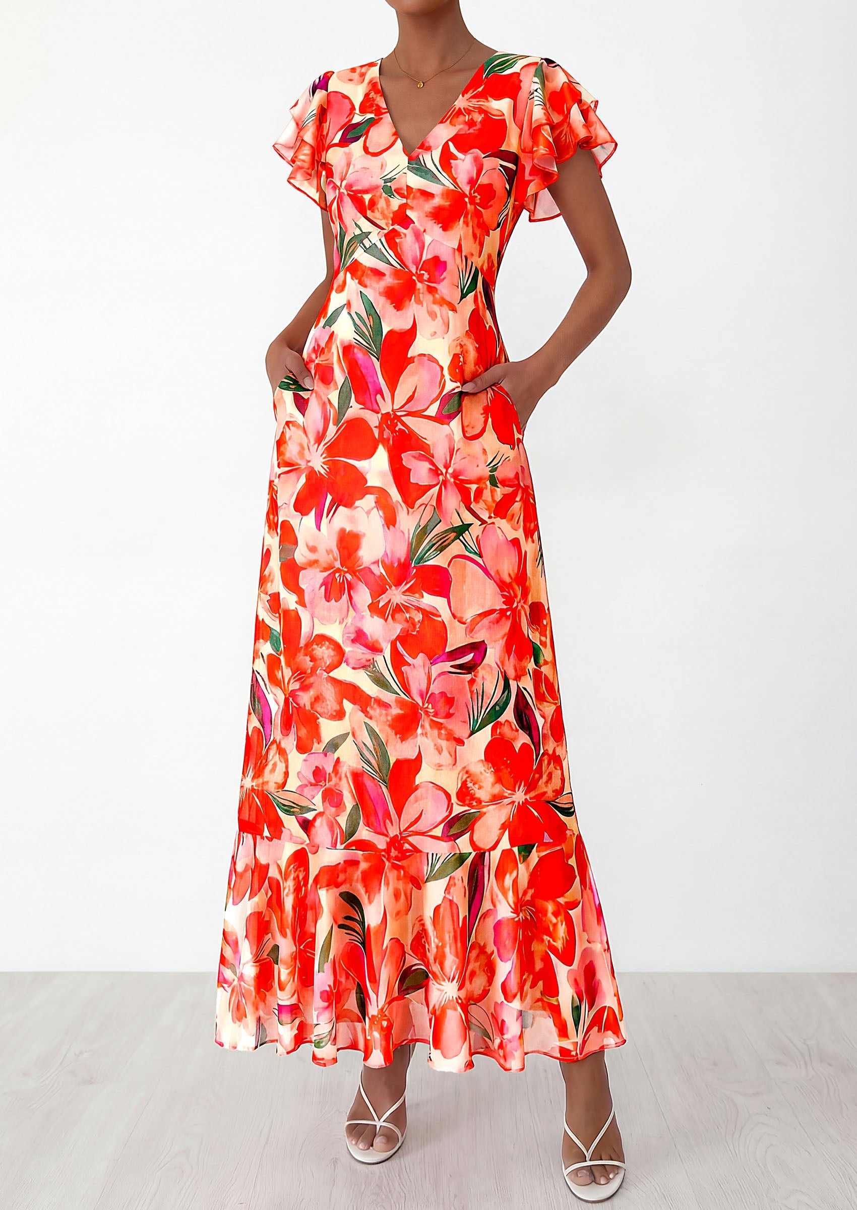 PRETTYGARDEN Wedding Guest Dresses for Women 2026 Spring Summer Short Sleeve Ruffle V Neck Floral Flowy Beach Maxi Long Dress PRETTYGARDEN