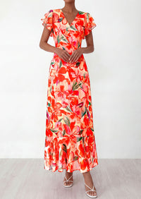 PRETTYGARDEN Wedding Guest Dresses for Women 2026 Spring Summer Short Sleeve Ruffle V Neck Floral Flowy Beach Maxi Long Dress PRETTYGARDEN