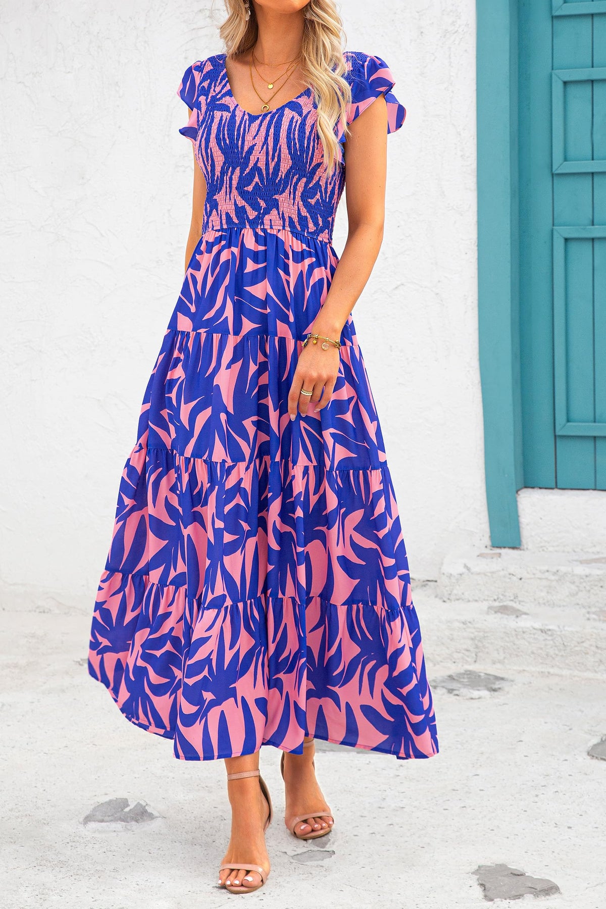 Cap Sleeve V Neck Smocked Beach Maxi Dresses